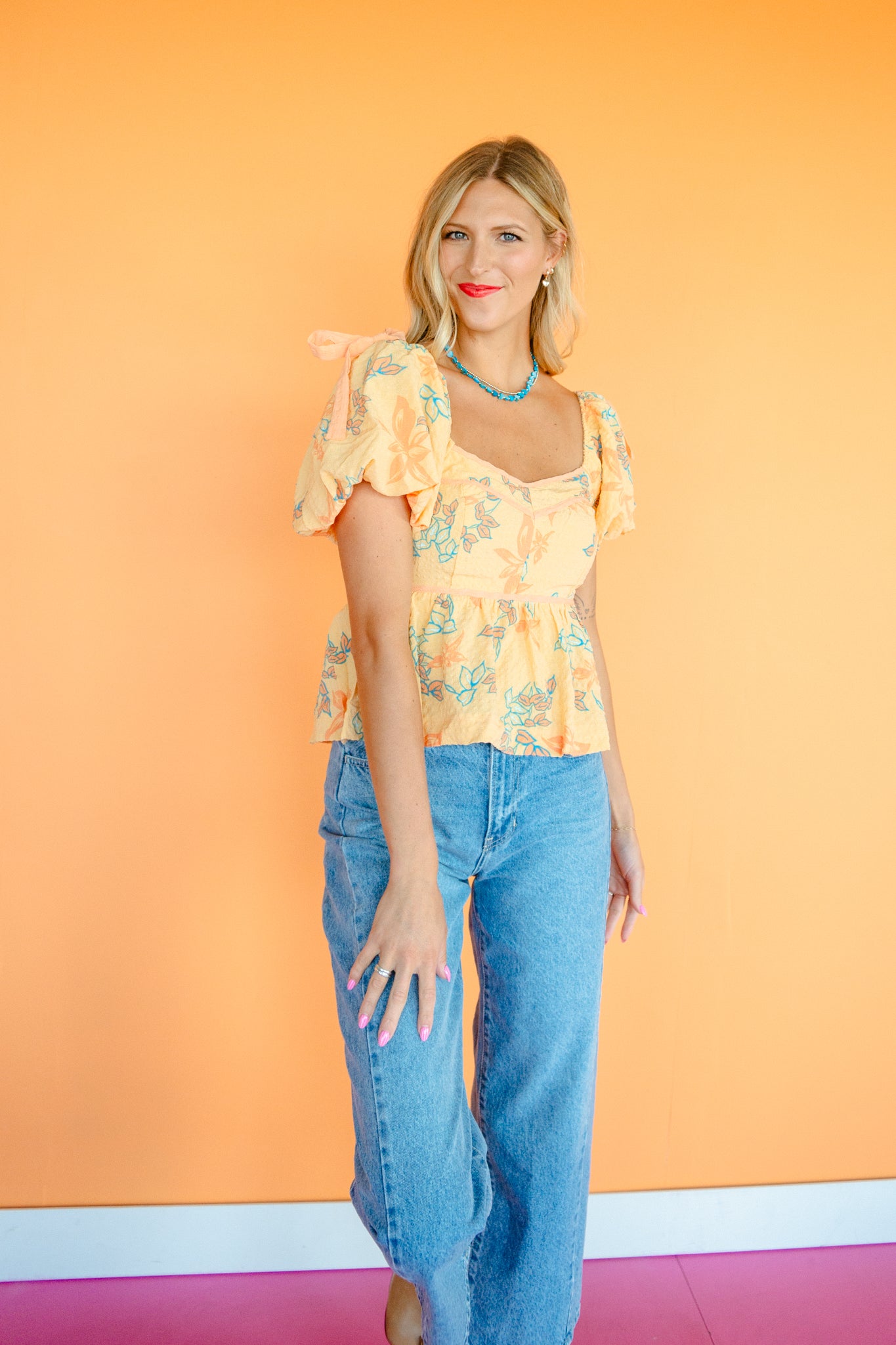 Malina Puff Sleeve Peplum Top - Peach + Kingfisher