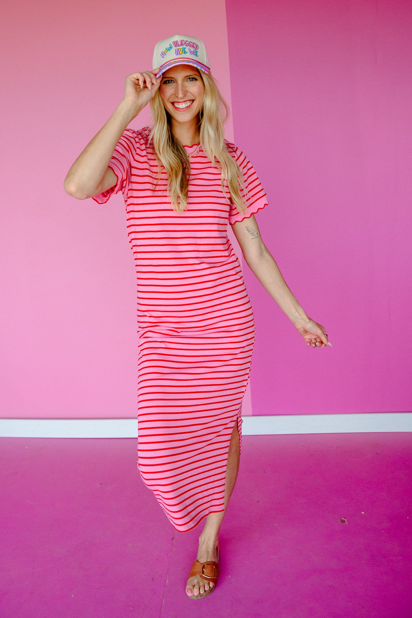 Clancey Striped Maxi Dress- Shocking Pink + True Red