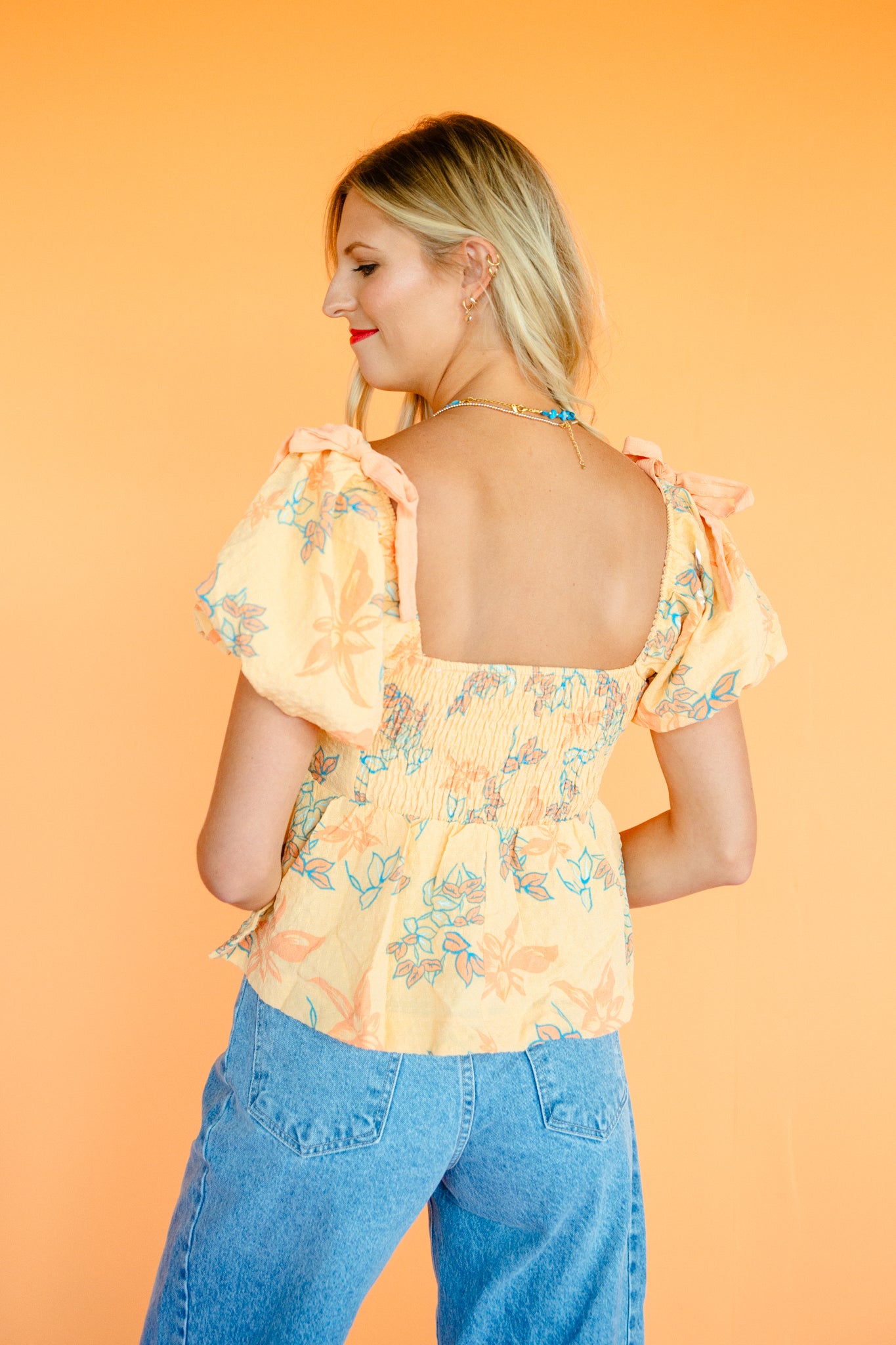 Malina Puff Sleeve Peplum Top - Peach + Kingfisher