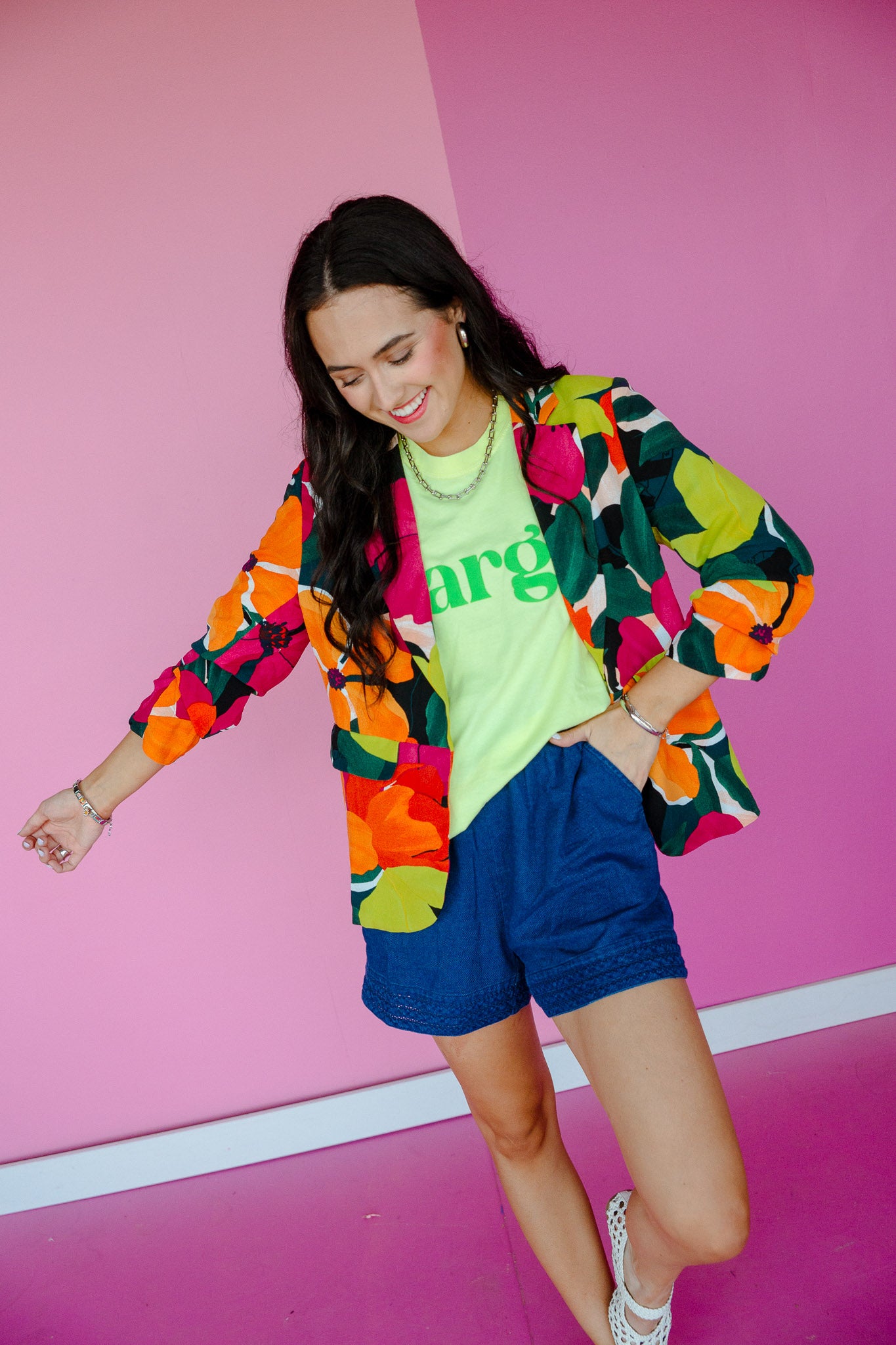 Janaya Floral Printed Open Front Blazer - Forest + Fuschia + Orange