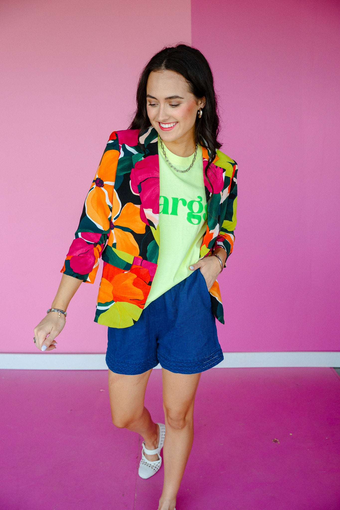 Janaya Floral Printed Open Front Blazer - Forest + Fuschia + Orange
