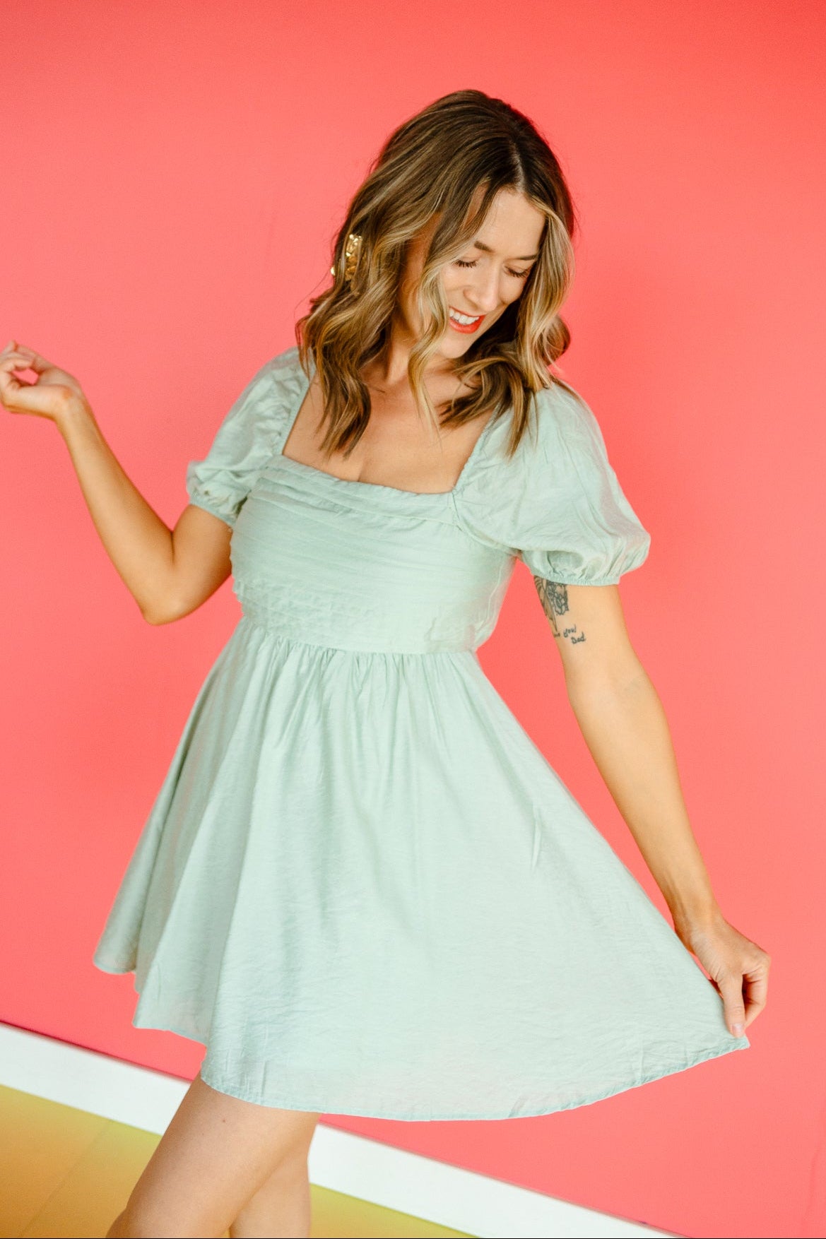 Rosalind Puff Sleeve Mini Dress - Light Sage