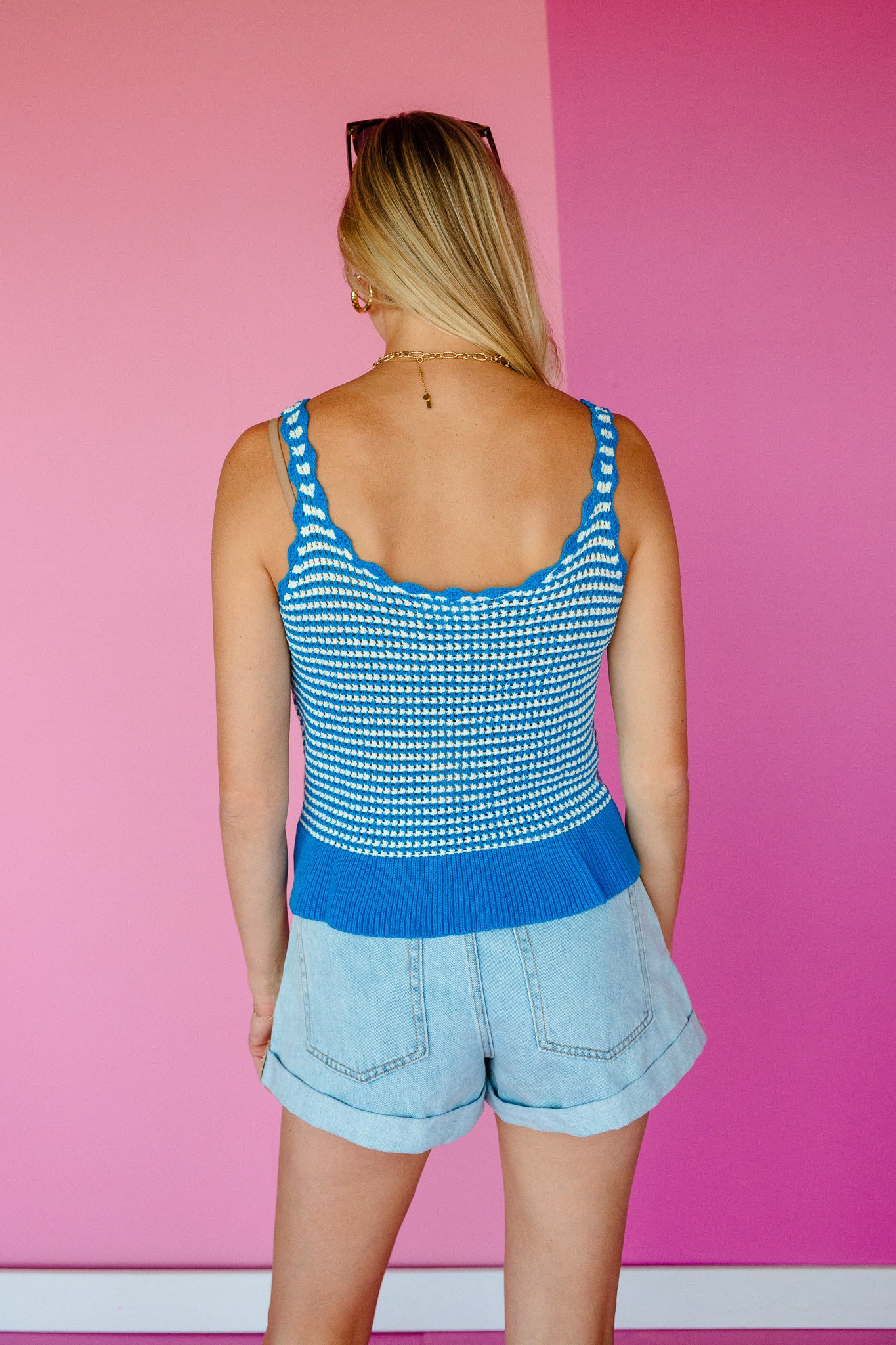 Gracelyn Peplum Knit Tank - Bright Blue + Cream