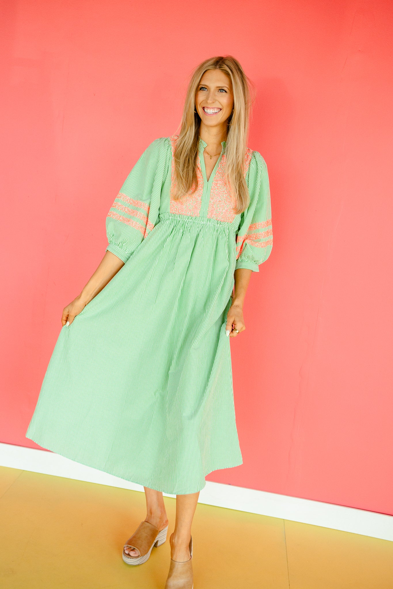 Kieran Balloon Sleeve Maxi Dress - Green + Bright Coral