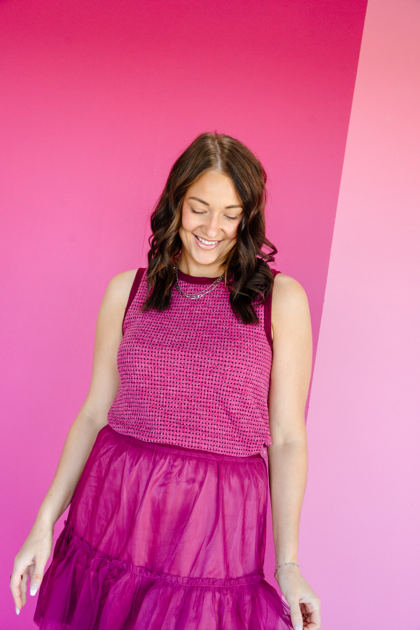 Trina Round Neck Top - Soft Raspberry + Burgundy