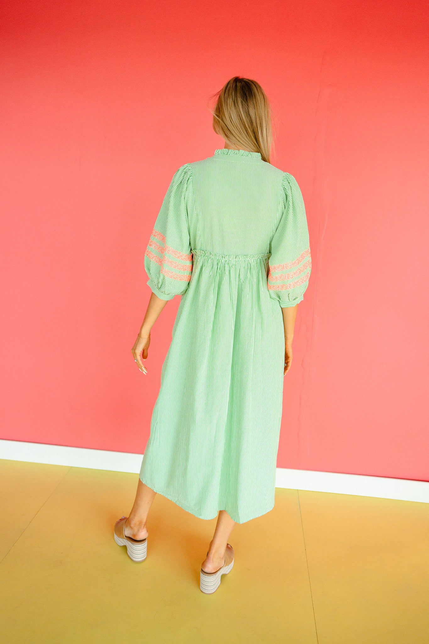 Kieran Balloon Sleeve Maxi Dress - Green + Bright Coral
