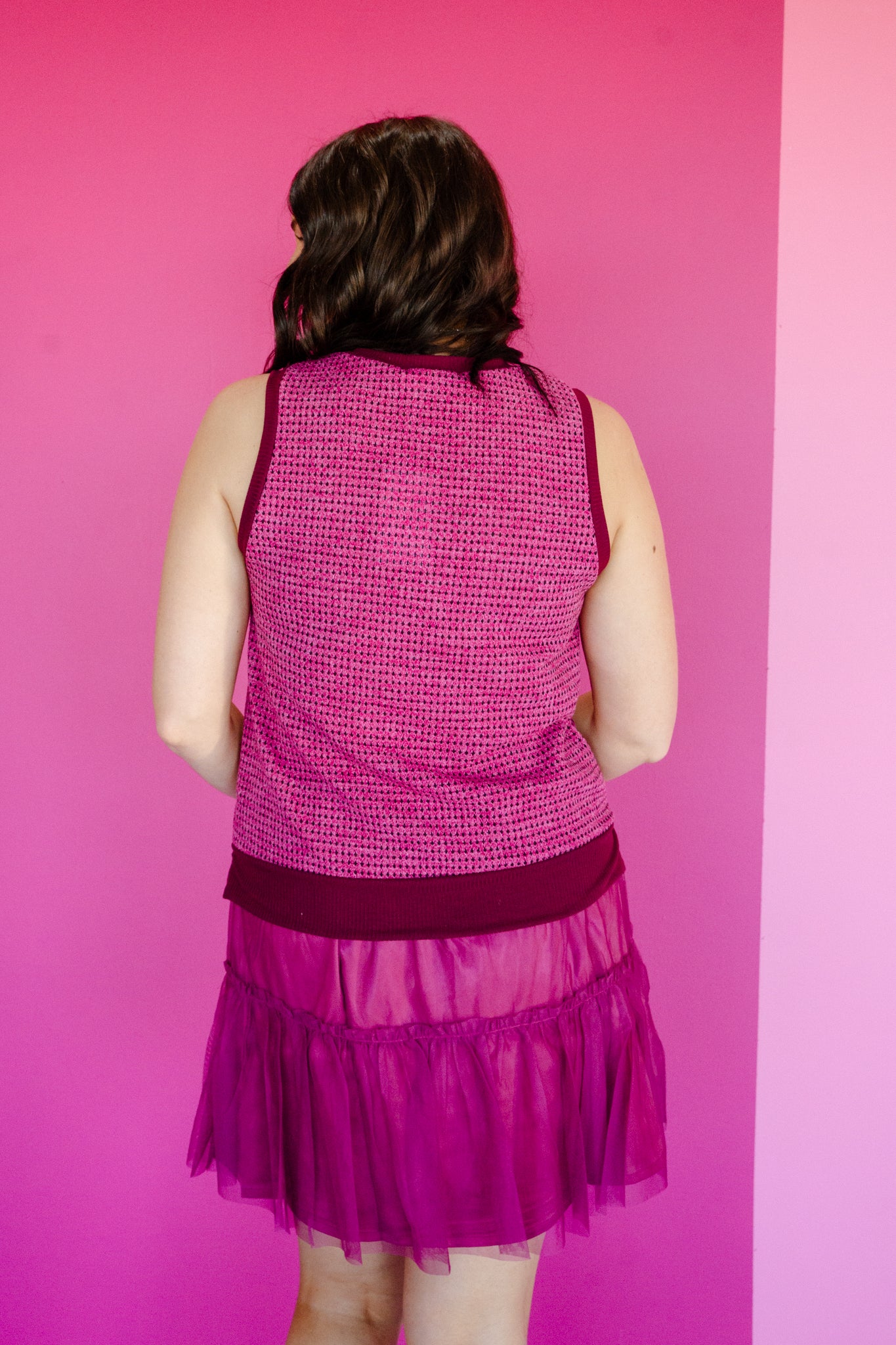 Trina Round Neck Top - Soft Raspberry + Burgundy