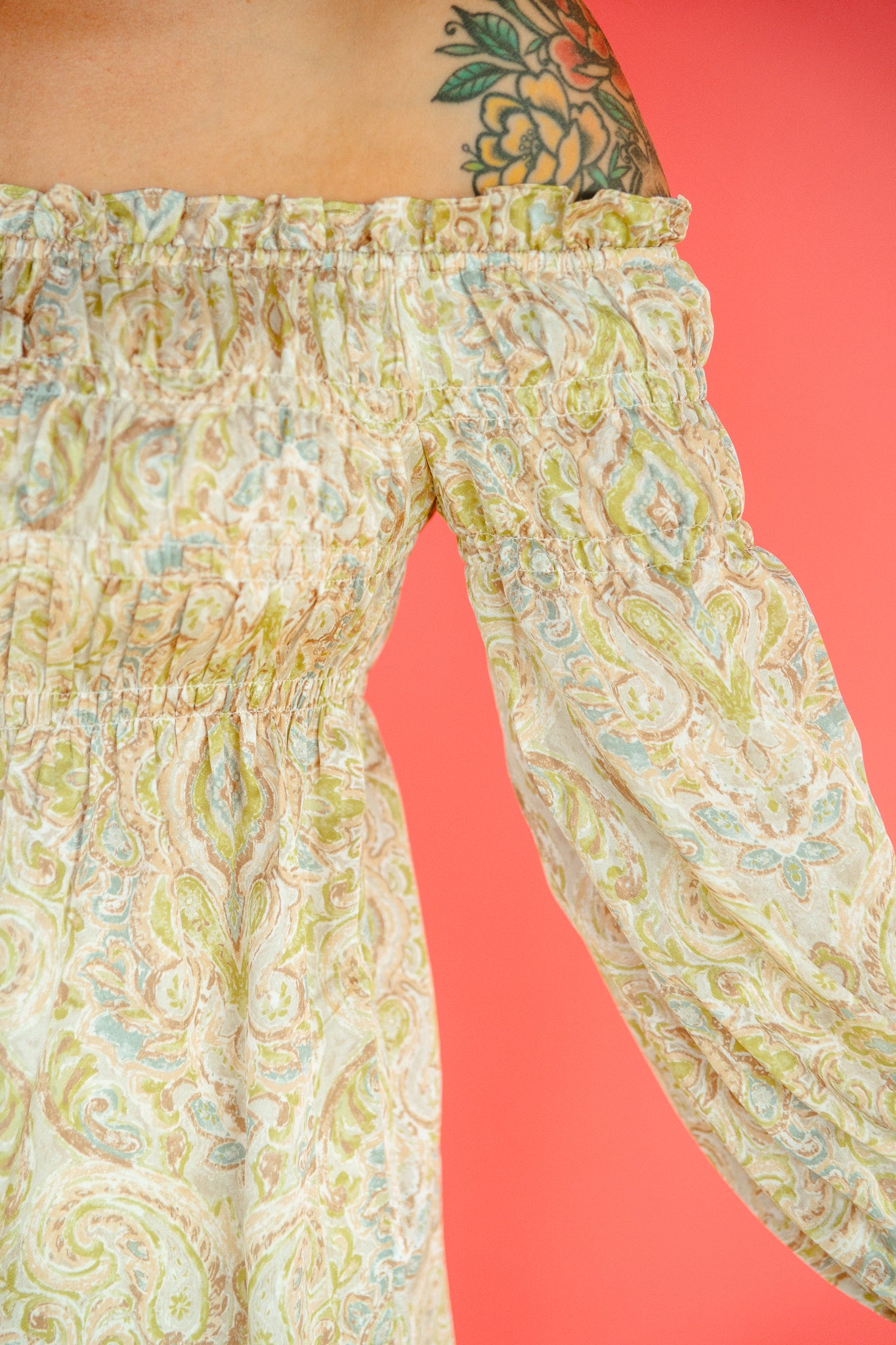 Erin Off-Shoulder Blouse - Olive + Lime + Tan