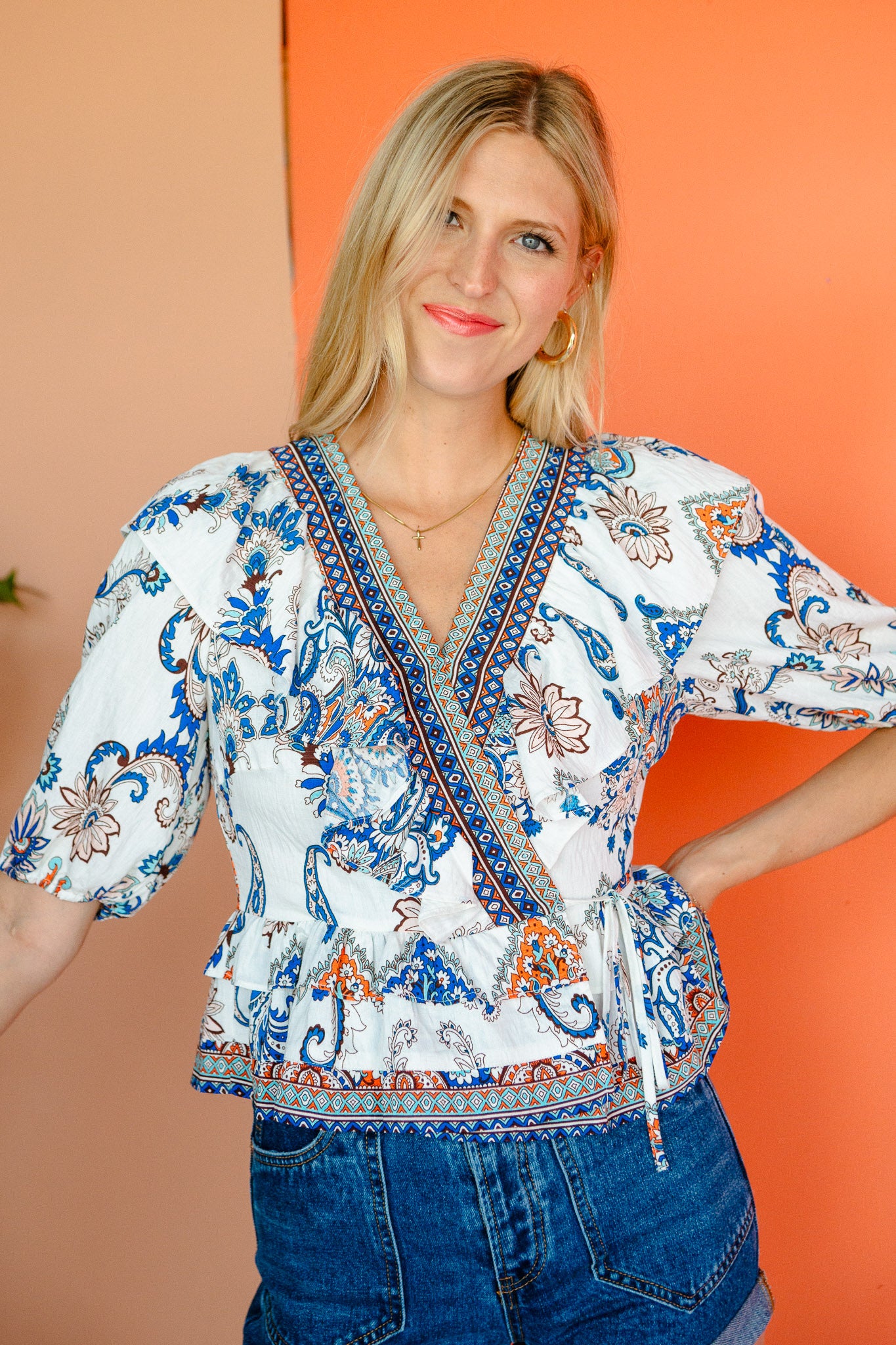 Stacie Woven Surplice Top - Orange + Cream + Dark Brown