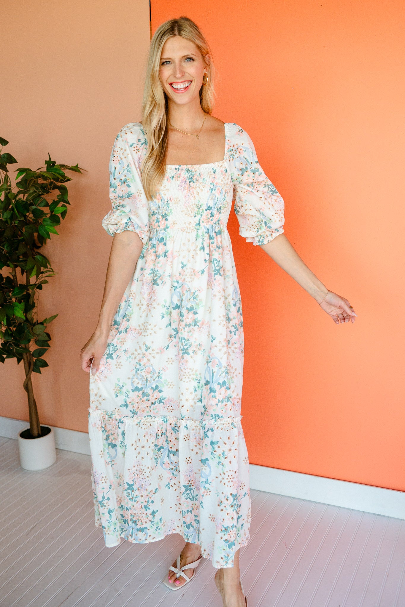 In Bloom Eyelet Maxi Dress - Cream + Salmon + Shell Pink