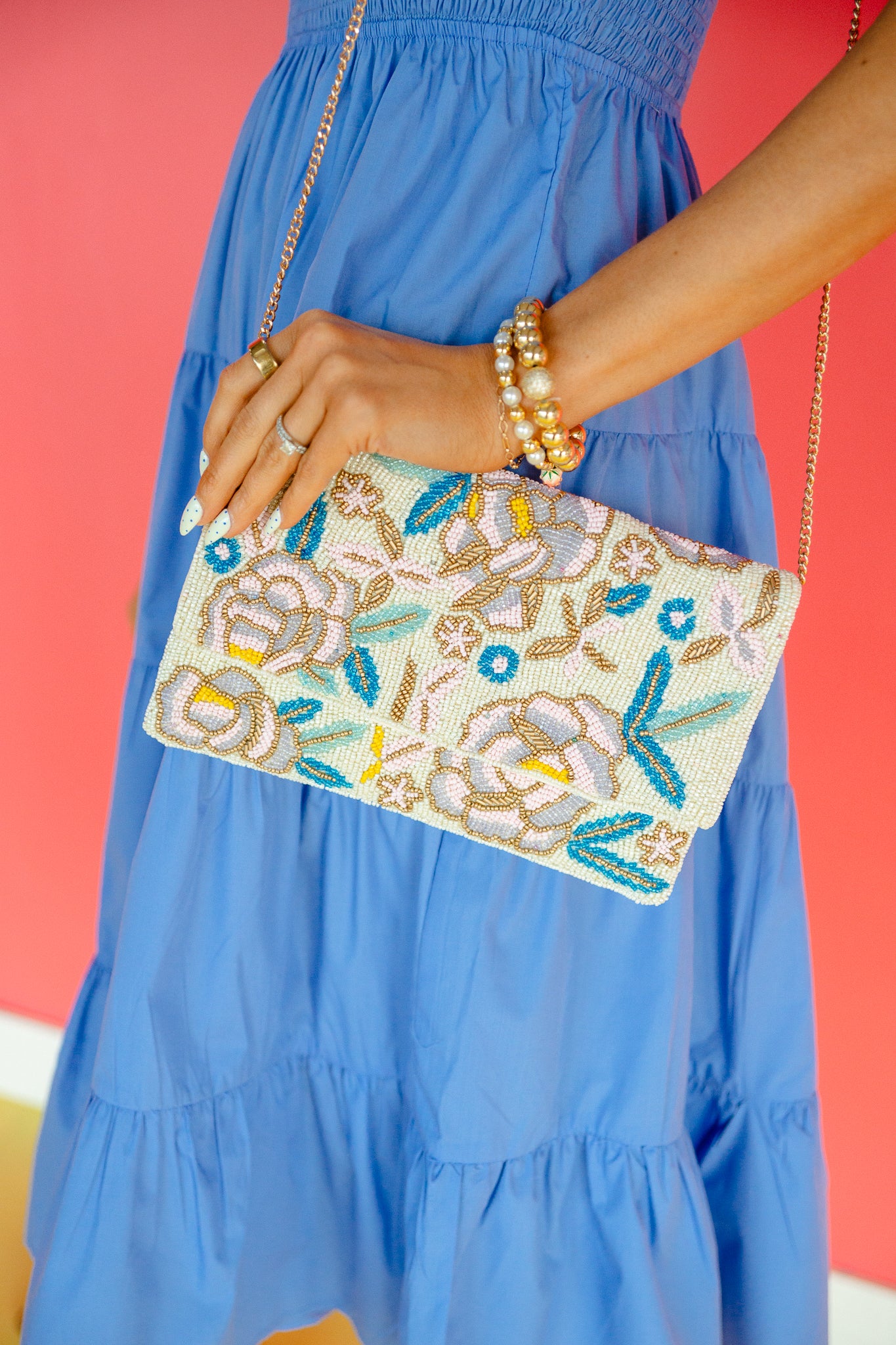 Abigail Beaded Shoulder Bag - Ivory + Turquoise + Blush