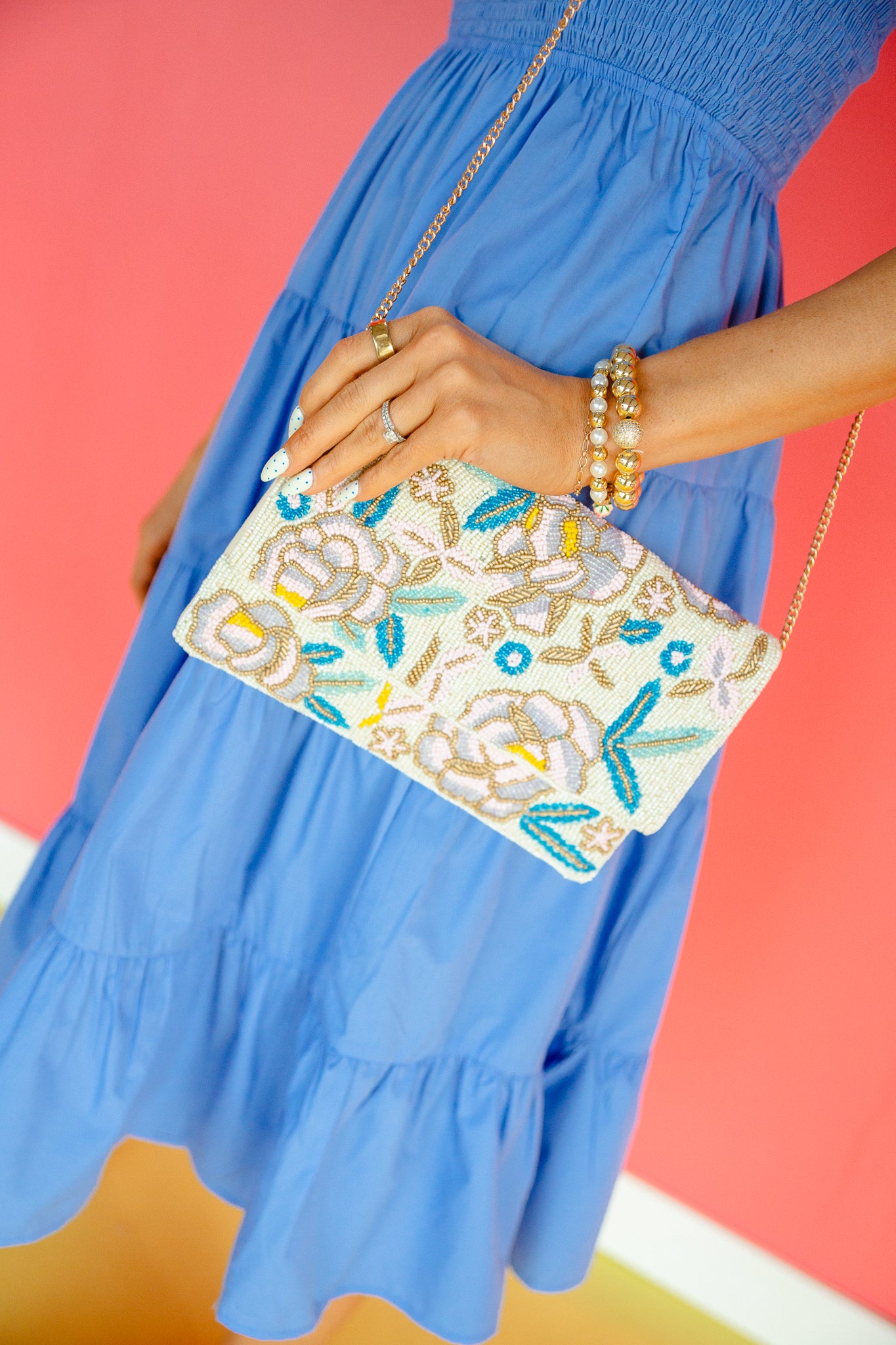 Abigail Beaded Shoulder Bag - Ivory + Turquoise + Blush