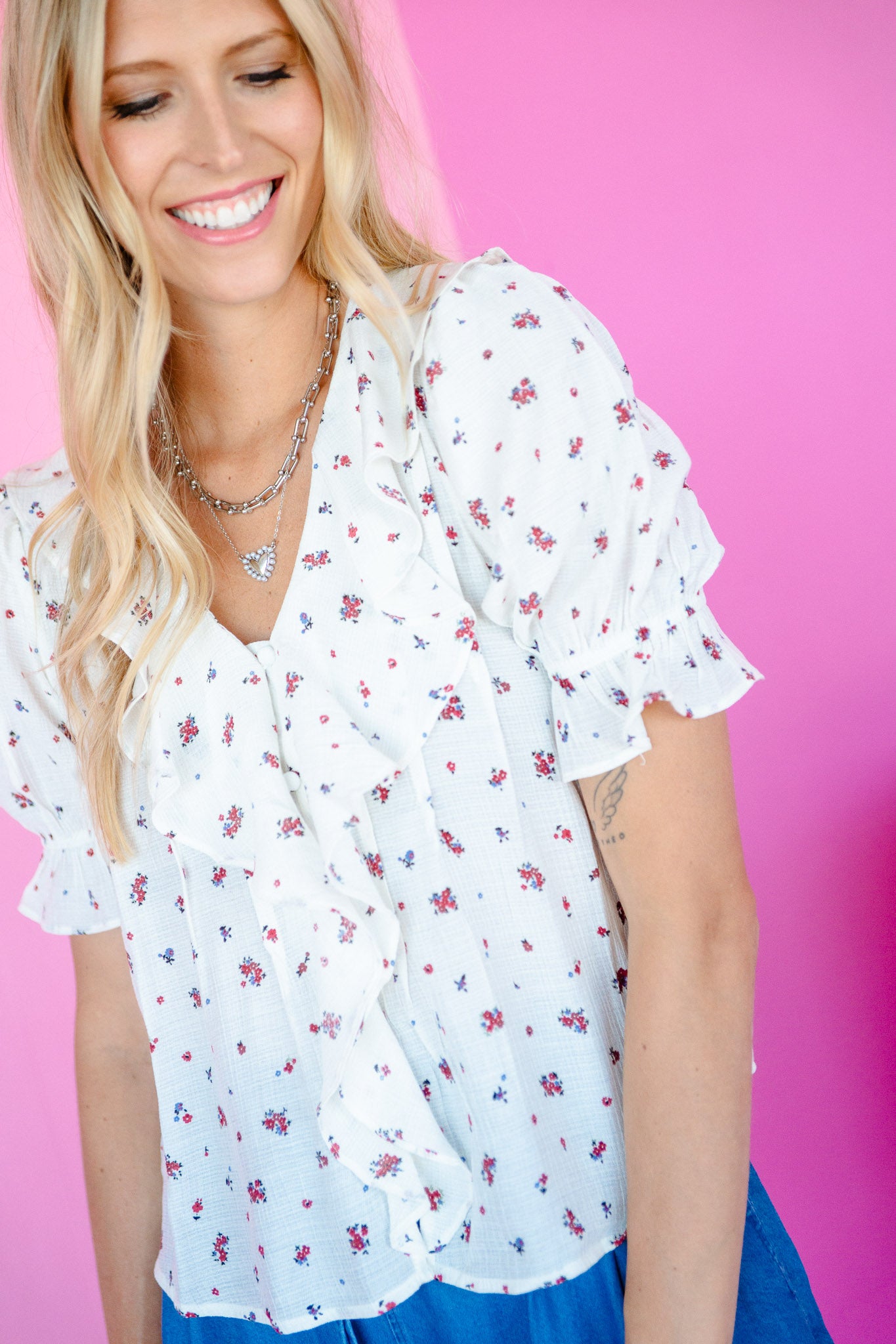 Faye Ruffle Blouse - Soft White + Burgundy