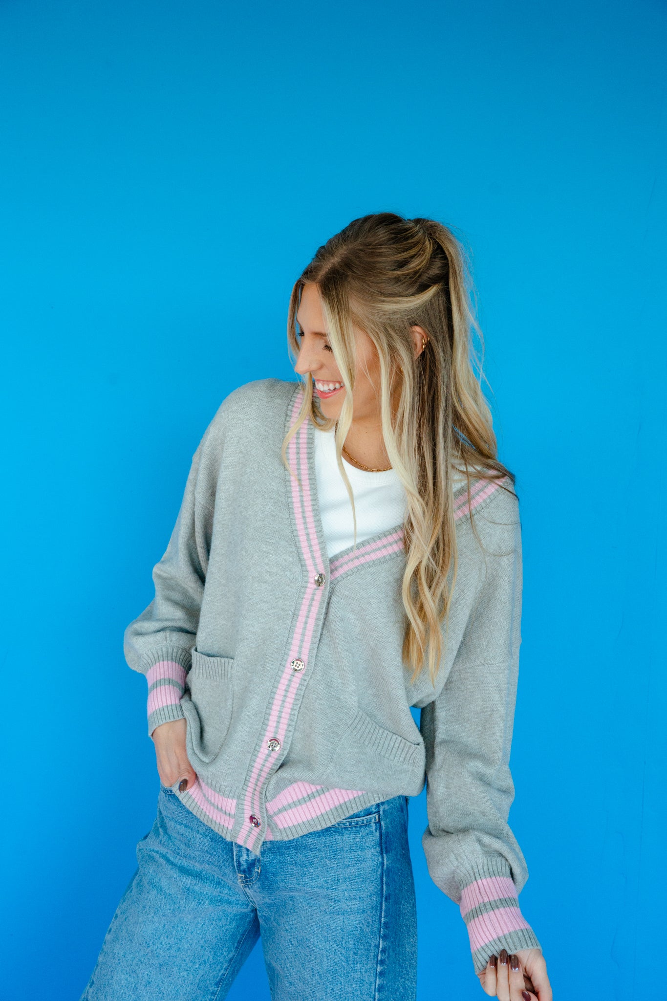 Frankie Stripe Contrast Cardigan - Warm Dove Grey