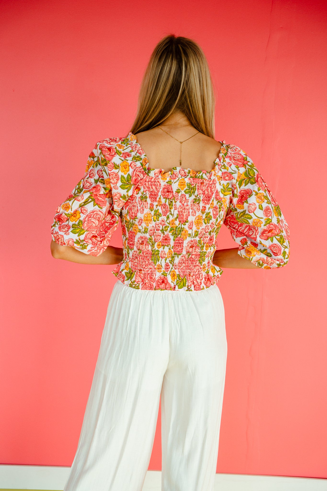 Charlotte Smocked Blouse - Cream + Coral + Olive