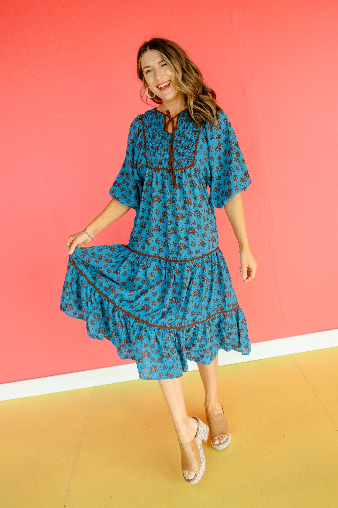Octavia Printed Midi Dress - Dark Brown + Kingfisher