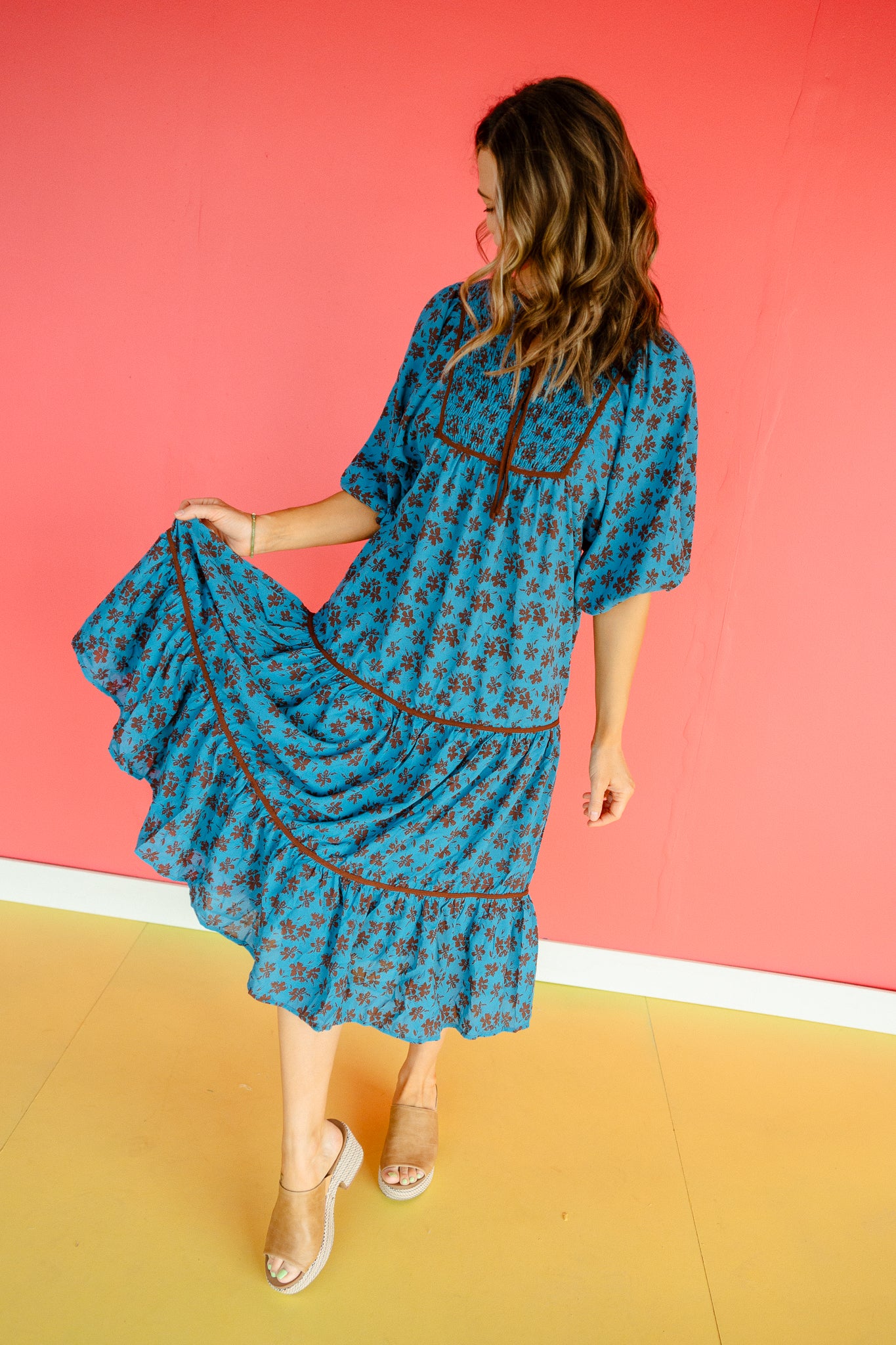 Octavia Printed Midi Dress - Dark Brown + Kingfisher
