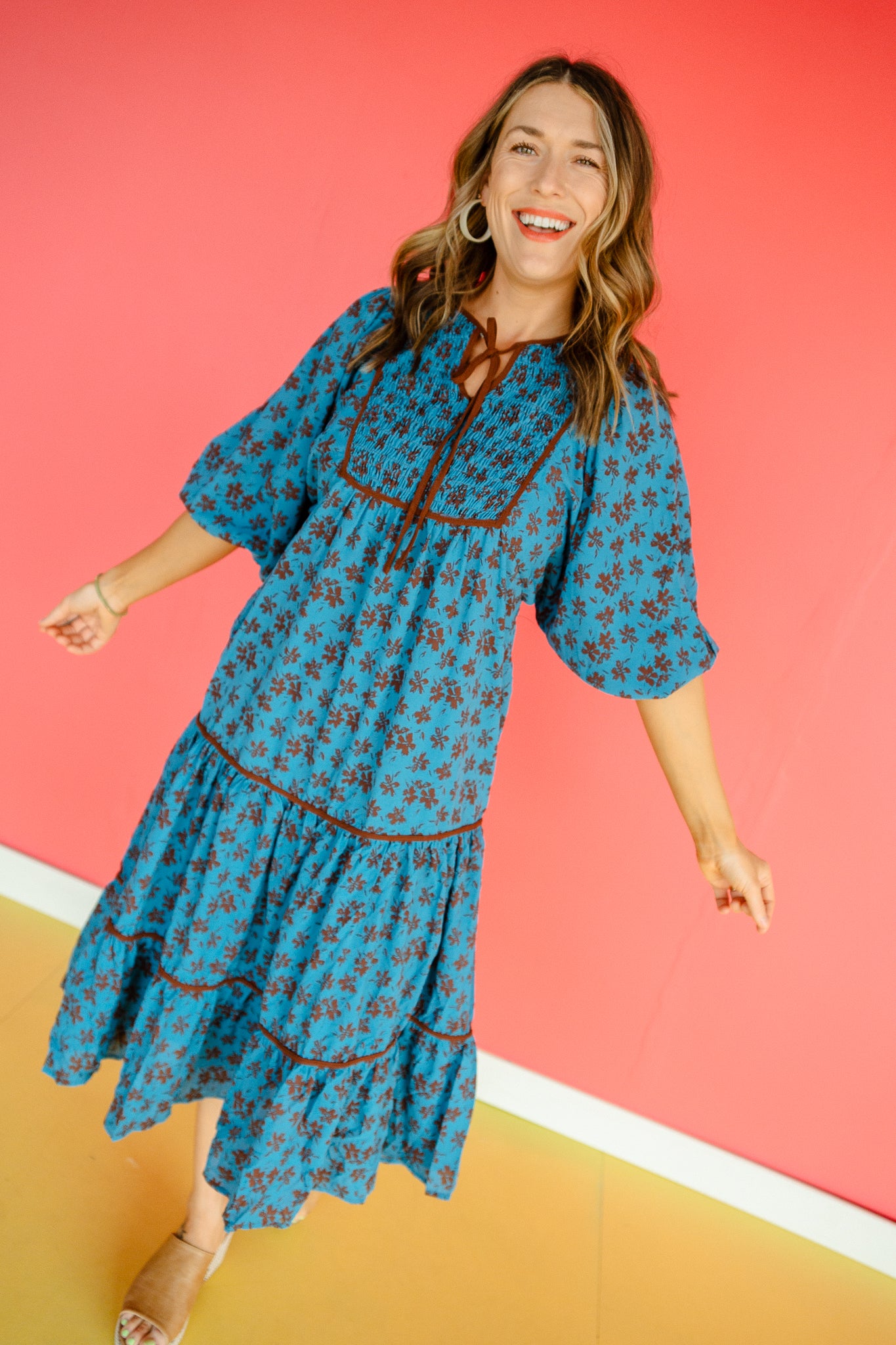 Octavia Printed Midi Dress - Dark Brown + Kingfisher