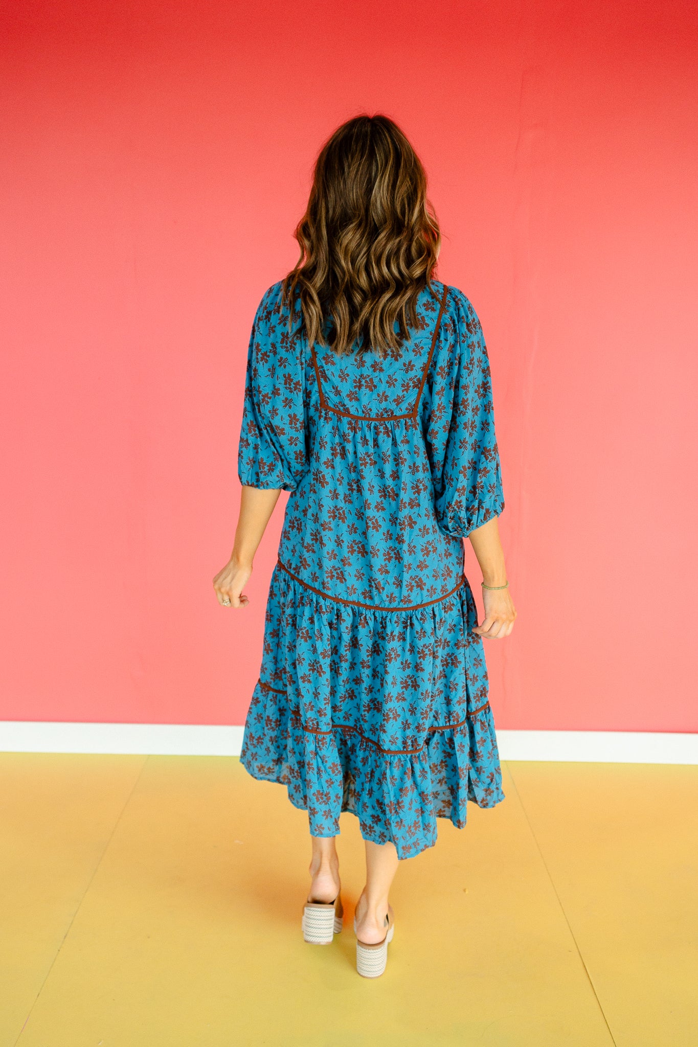 Octavia Printed Midi Dress - Dark Brown + Kingfisher