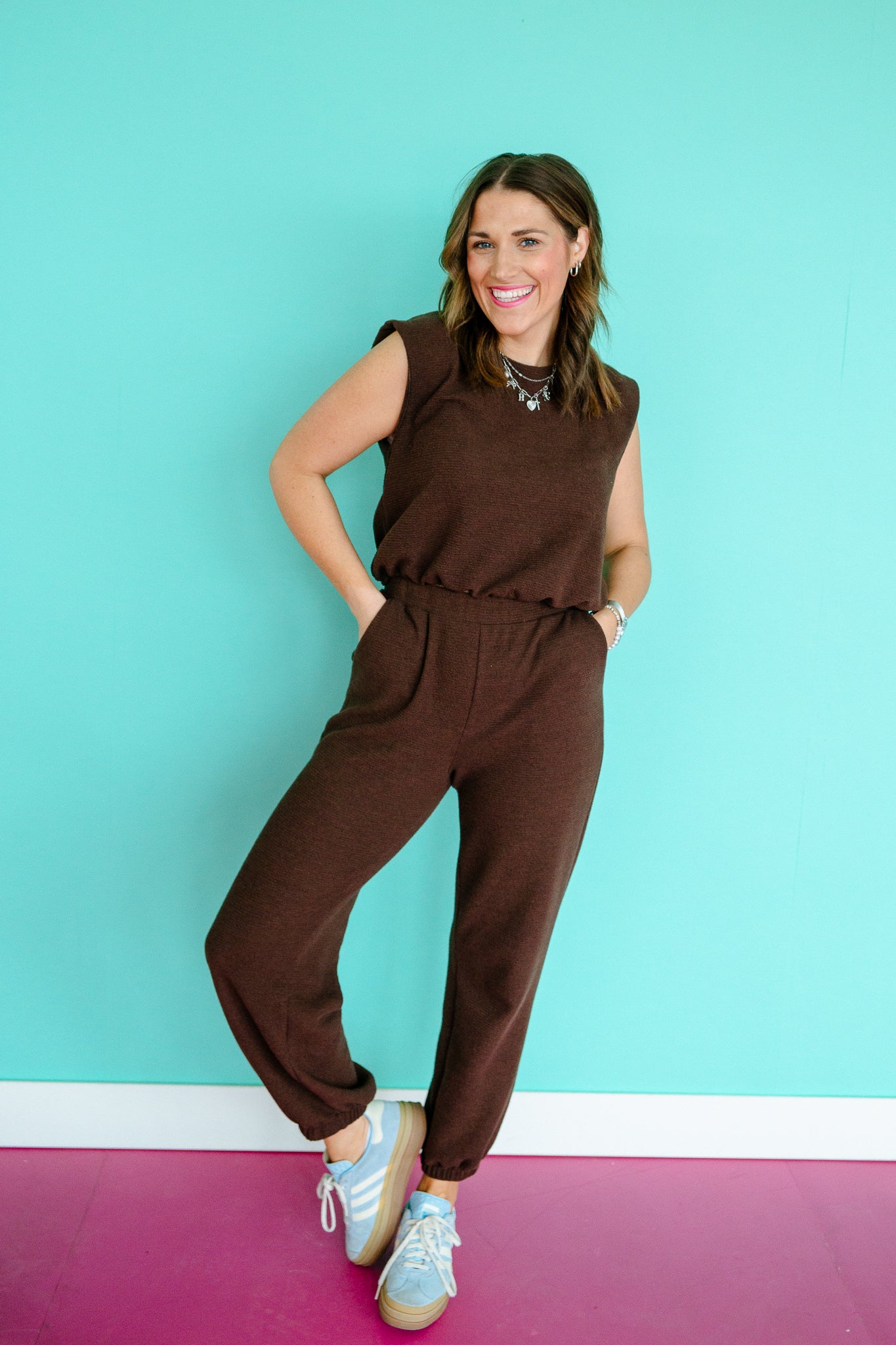 Katerina Bubble Hem Tank and Jogger Set - Soft Brown