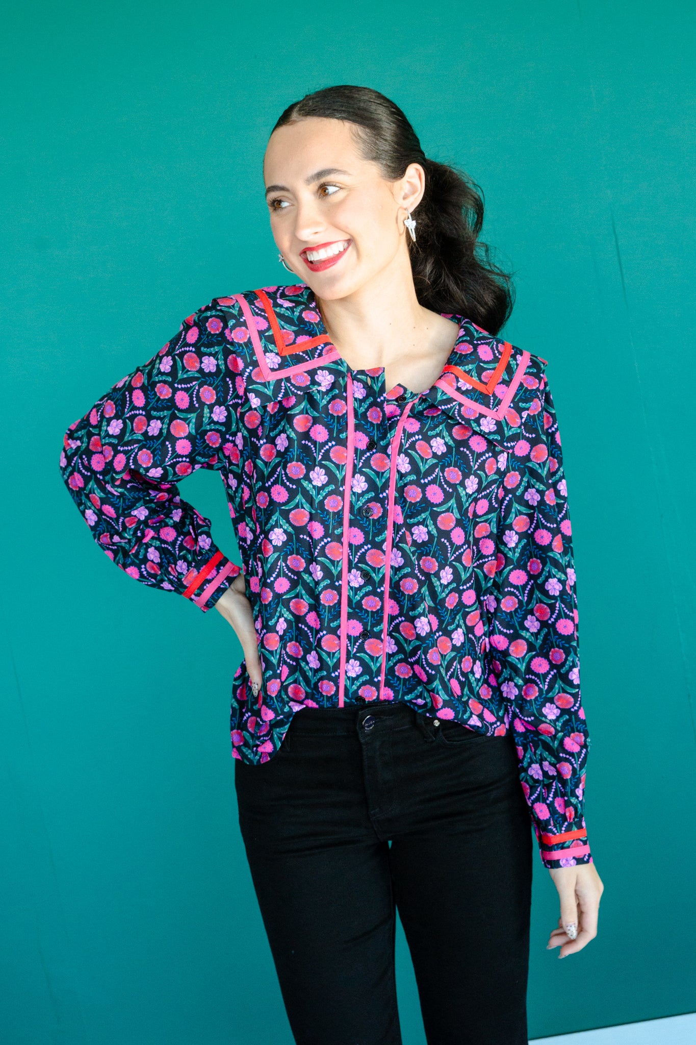 Pamela Collard Button Blouse - Black + Raspberry