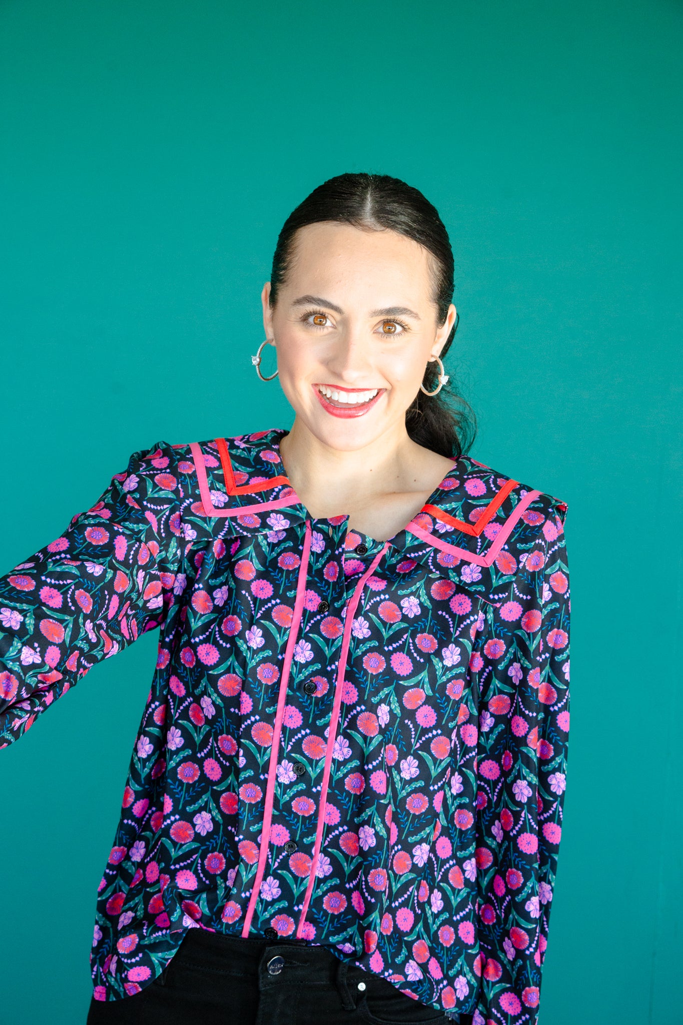 Pamela Collard Button Blouse - Black + Raspberry