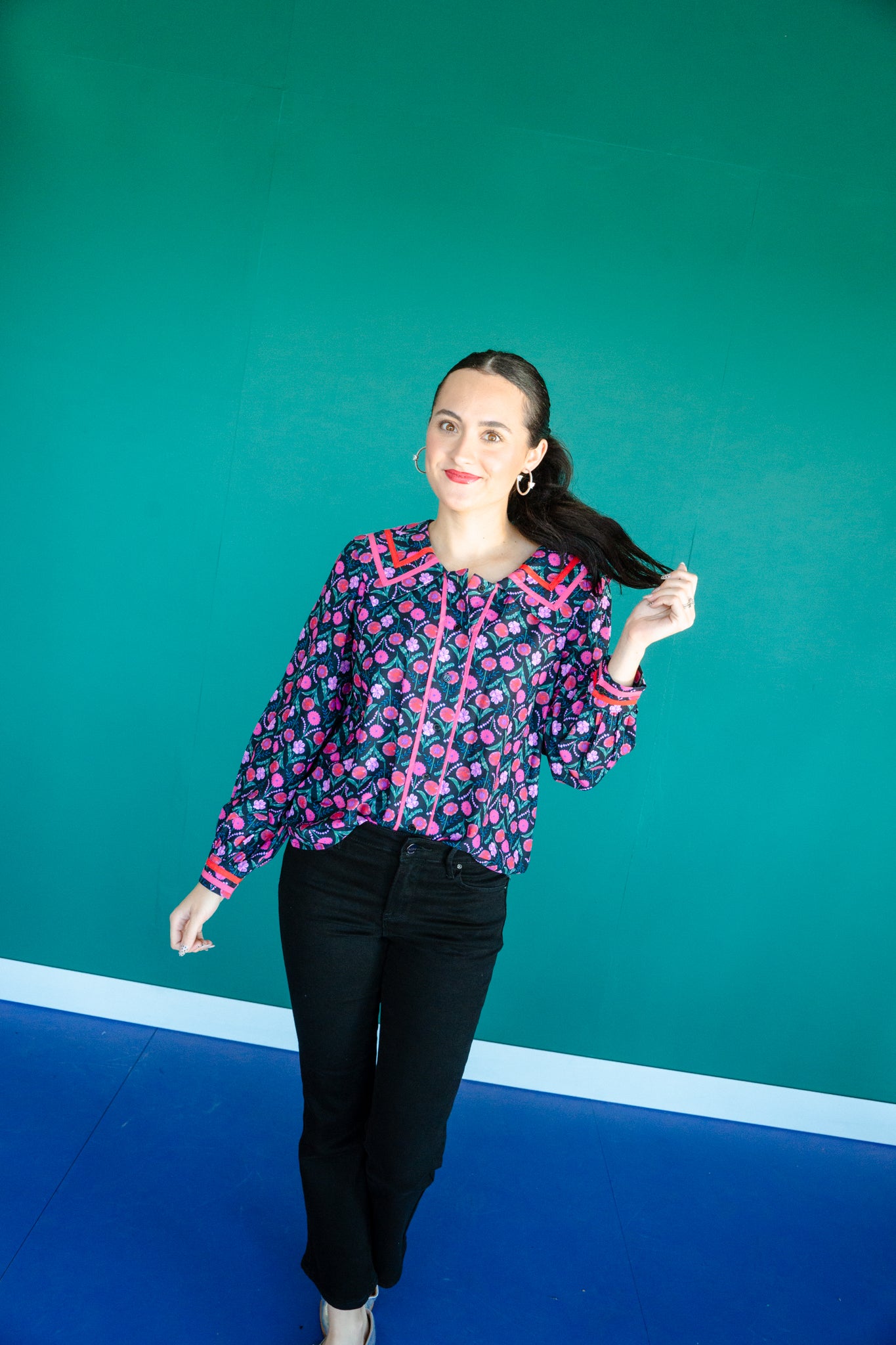 Pamela Collard Button Blouse - Black + Raspberry