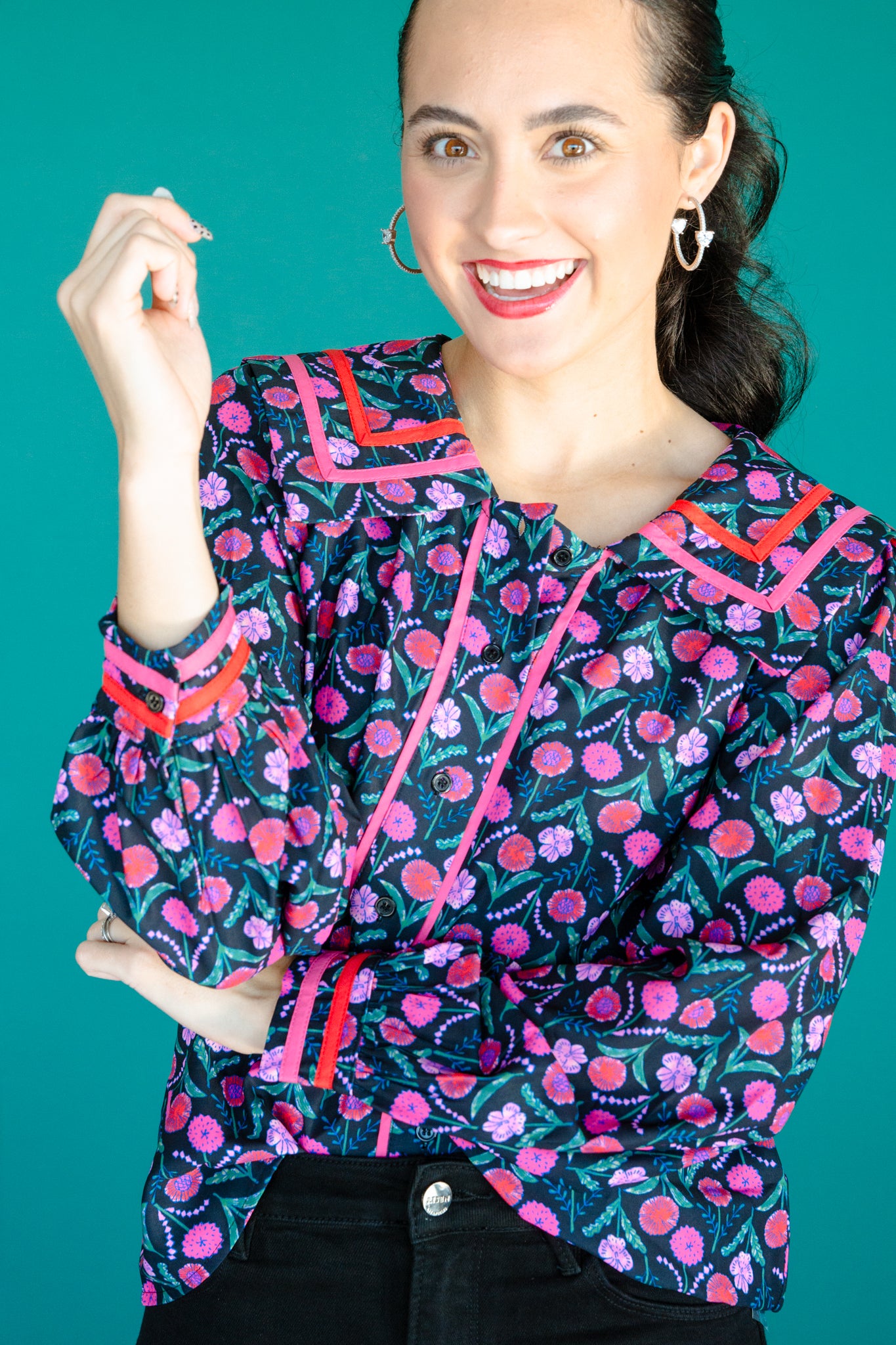 Pamela Collard Button Blouse - Black + Raspberry