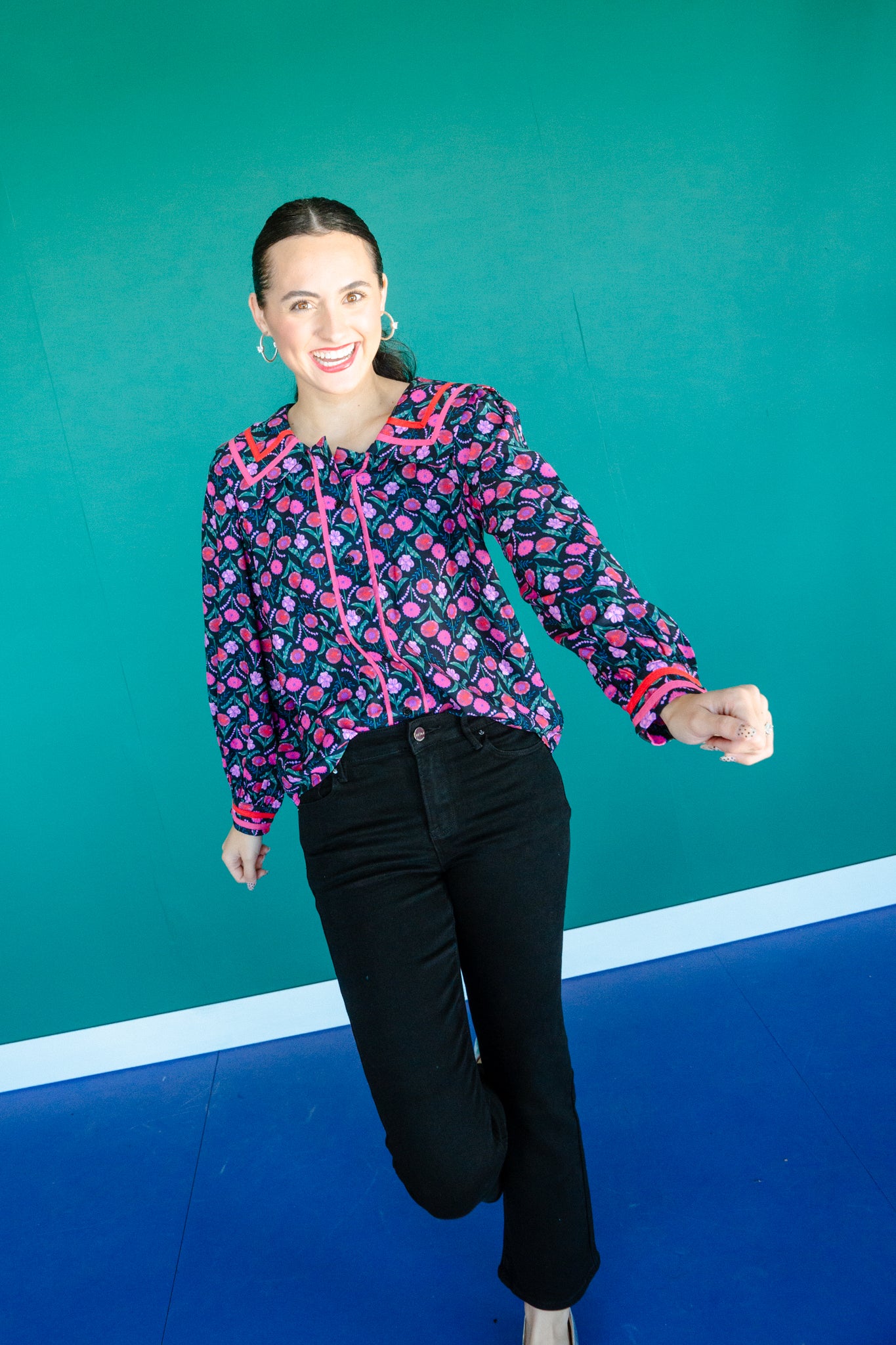 Pamela Collard Button Blouse - Black + Raspberry