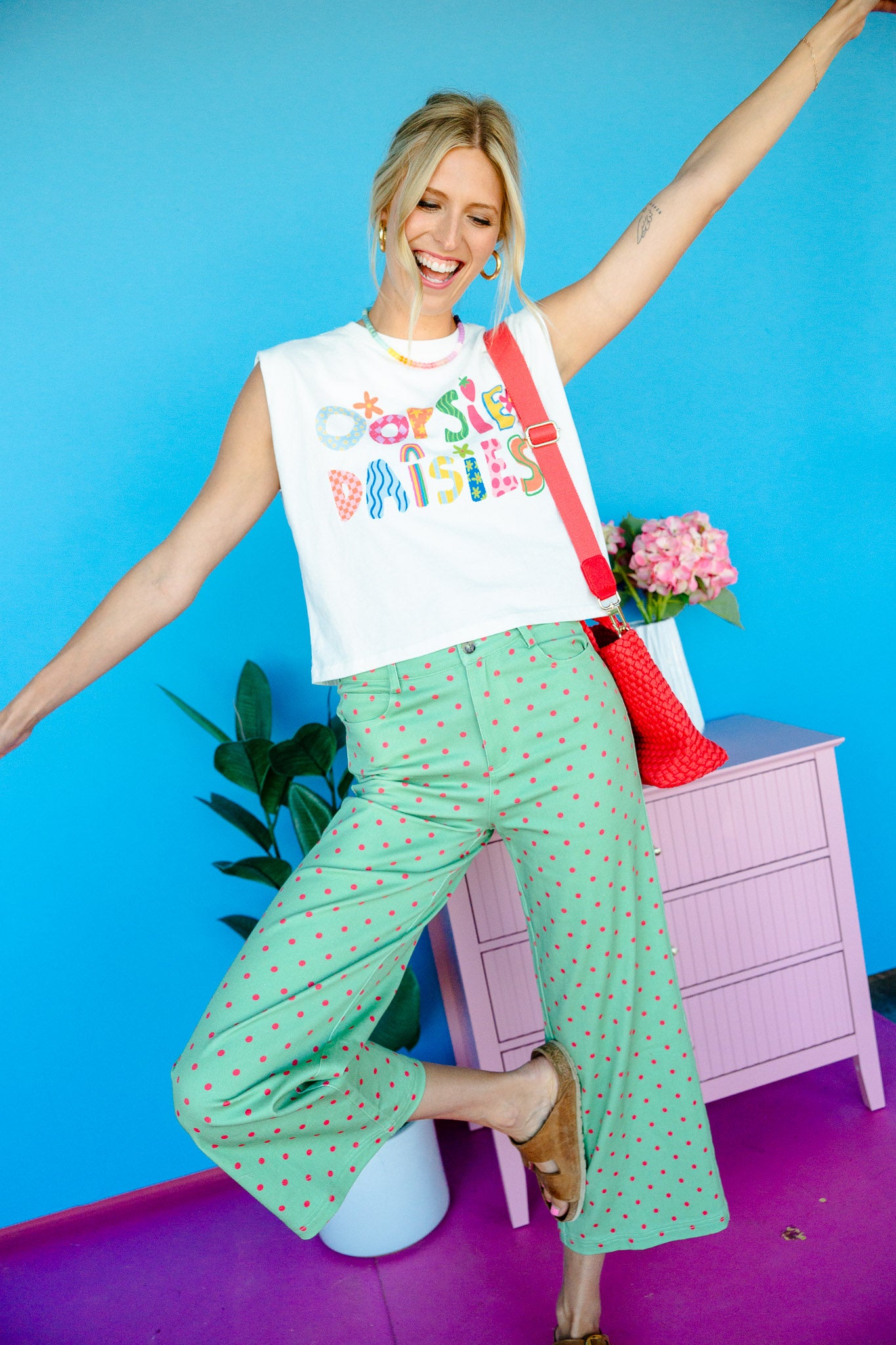 Dottie Wide Leg Pants - Dark Apple Jade + Pink