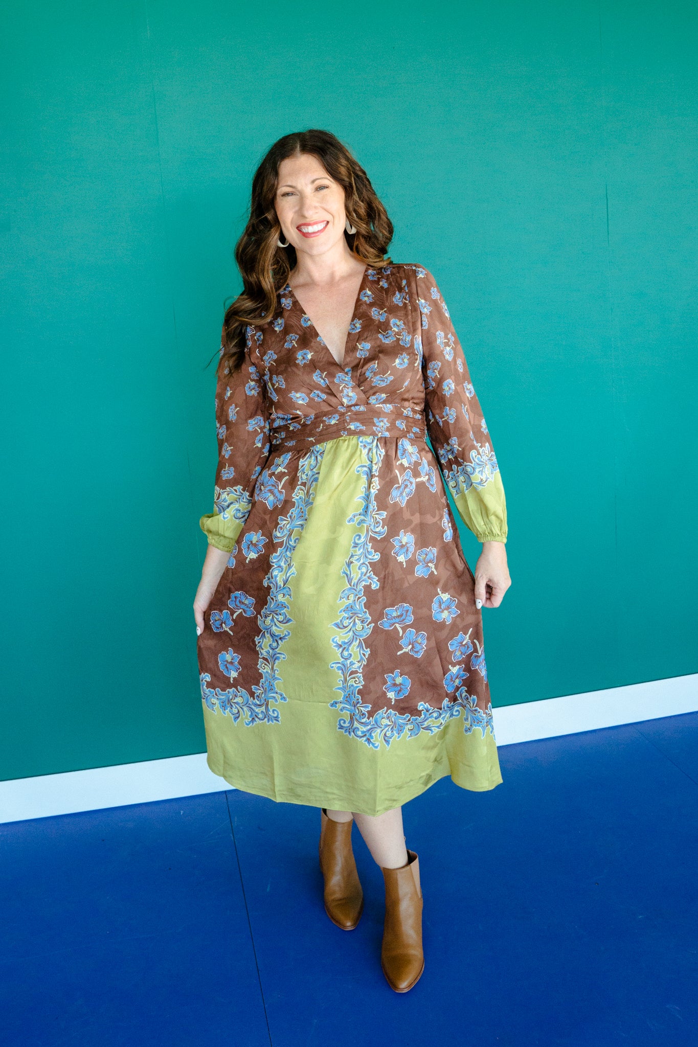 Audrey V-Neck Midi Dress - Dark Brown + Lime