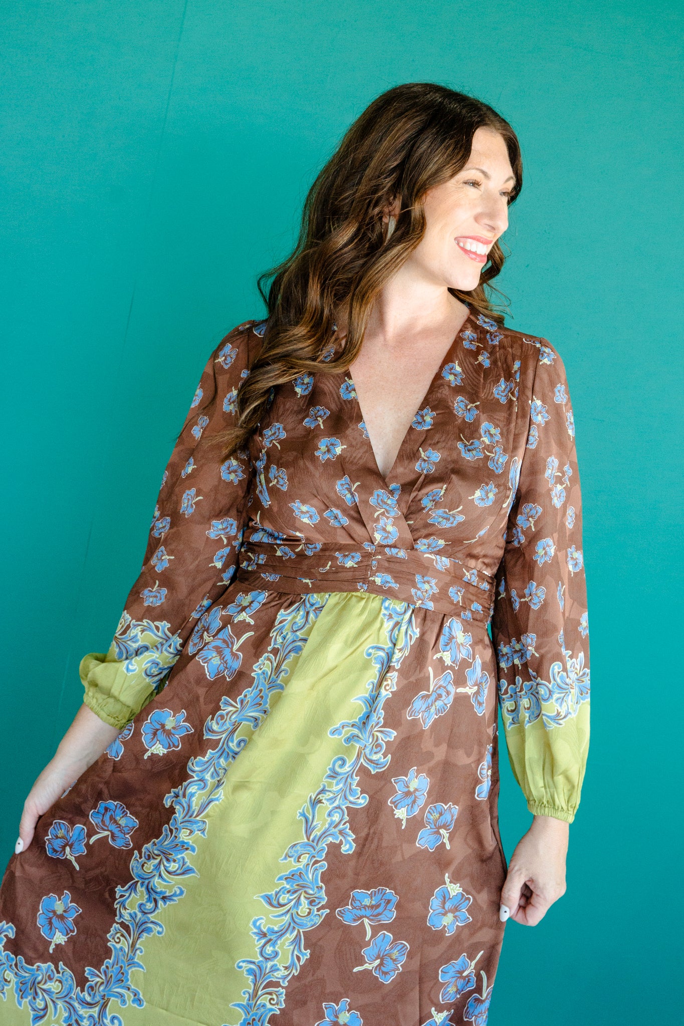 Audrey V-Neck Midi Dress - Dark Brown + Lime