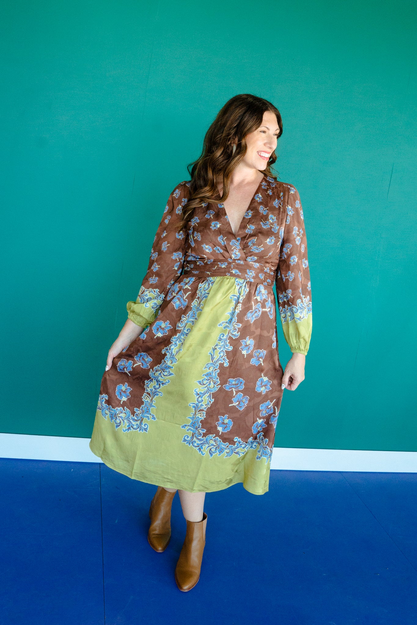 Audrey V-Neck Midi Dress - Dark Brown + Lime