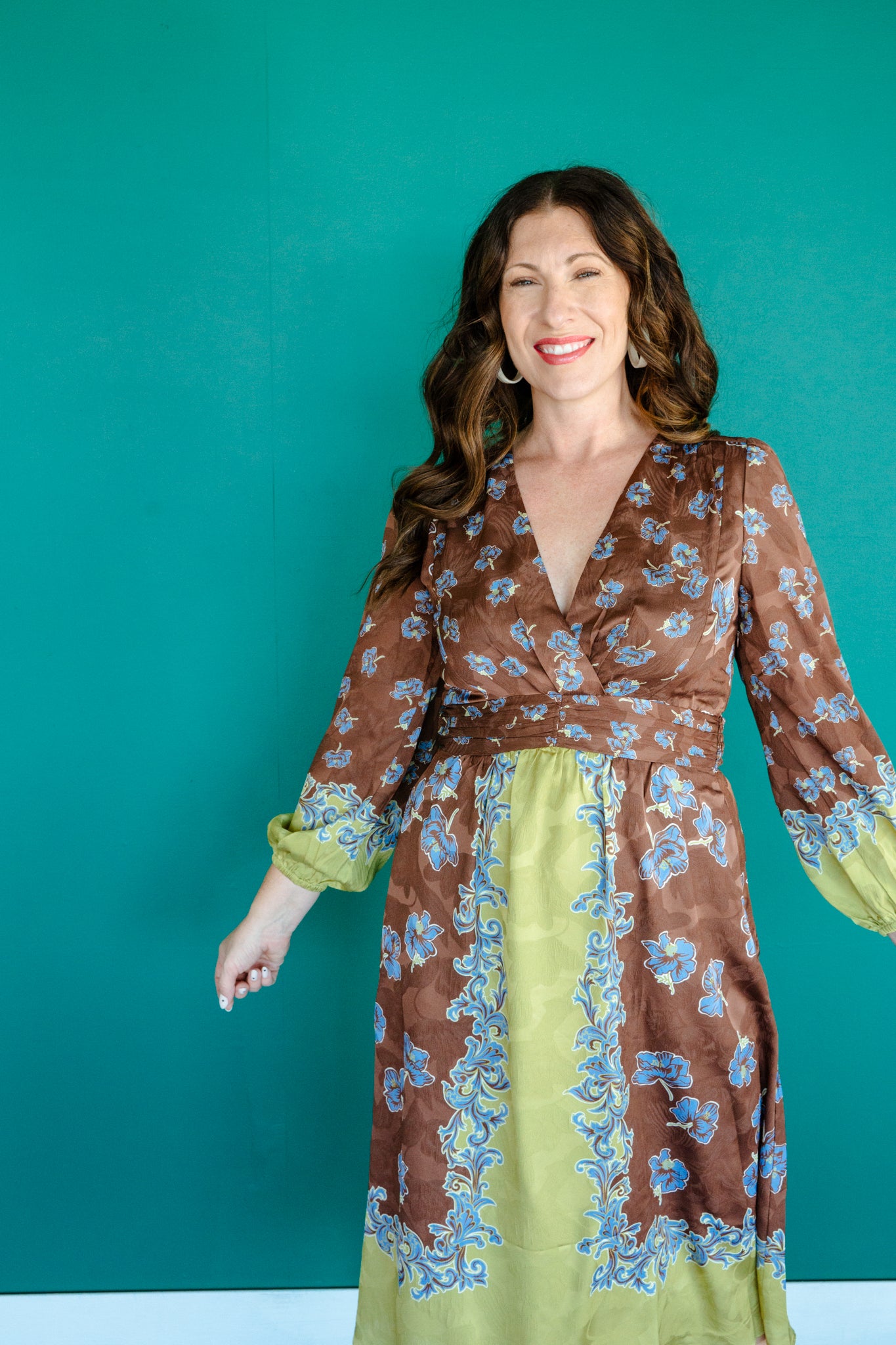 Audrey V-Neck Midi Dress - Dark Brown + Lime