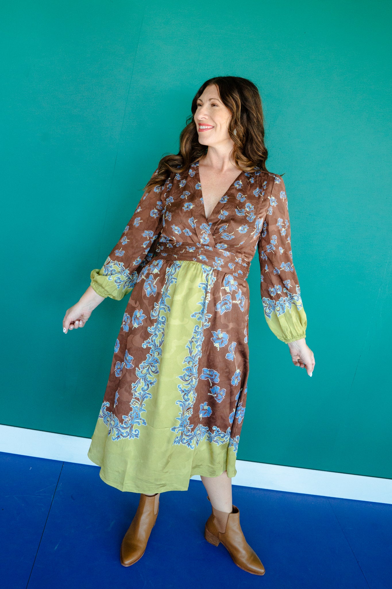 Audrey V-Neck Midi Dress - Dark Brown + Lime