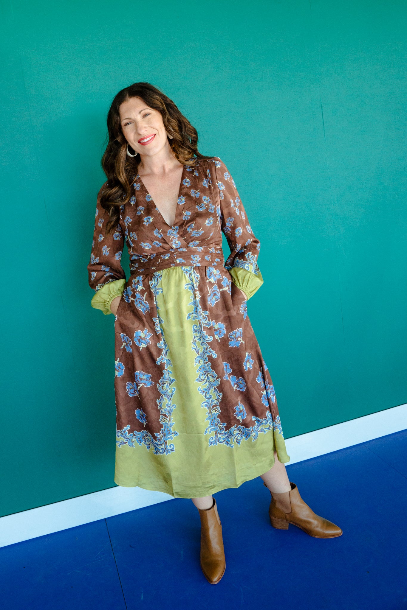 Audrey V-Neck Midi Dress - Dark Brown + Lime