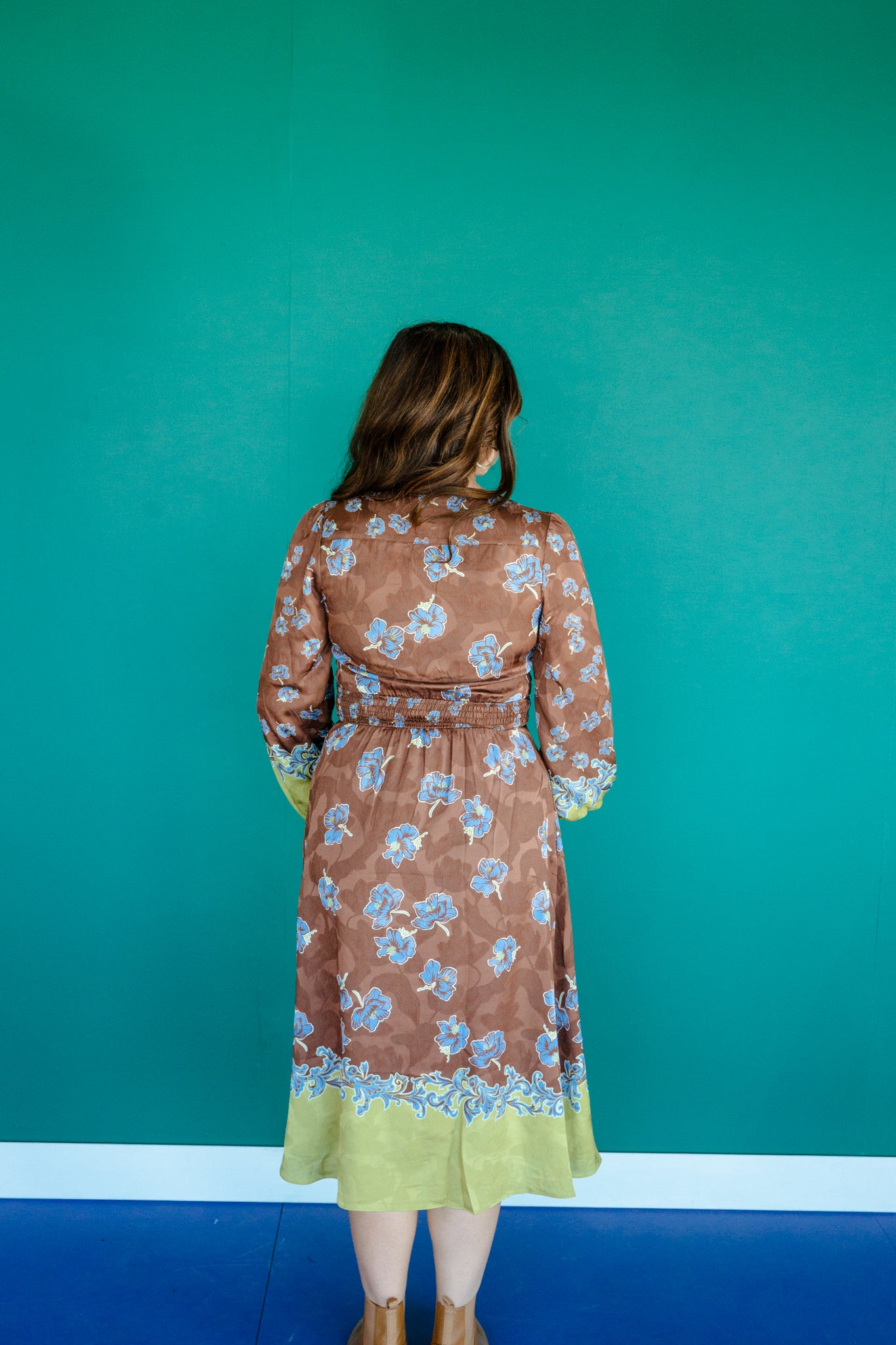 Audrey V-Neck Midi Dress - Dark Brown + Lime