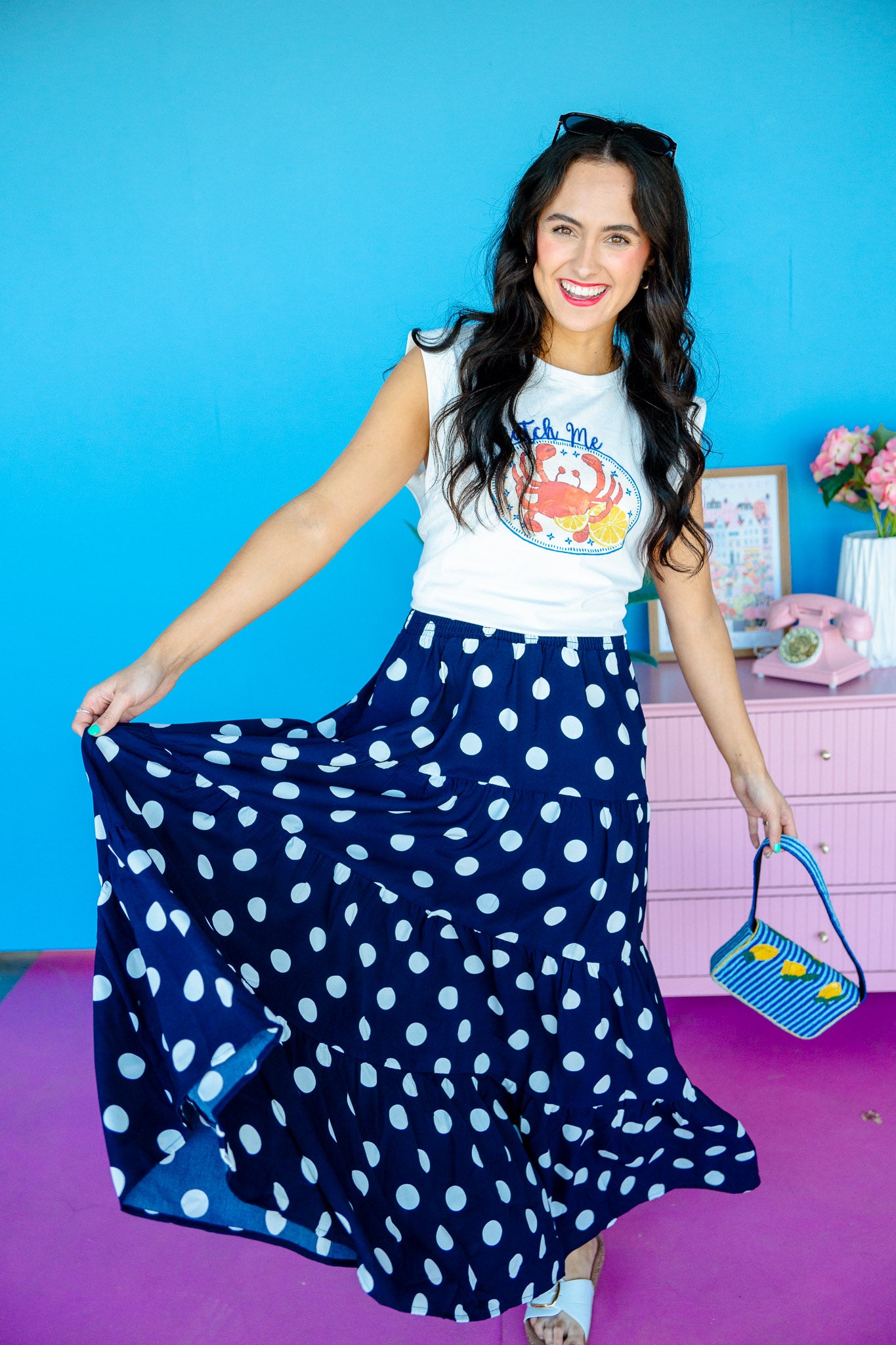 Nicki Tiered Polka Dot Maxi Skirt - Navy