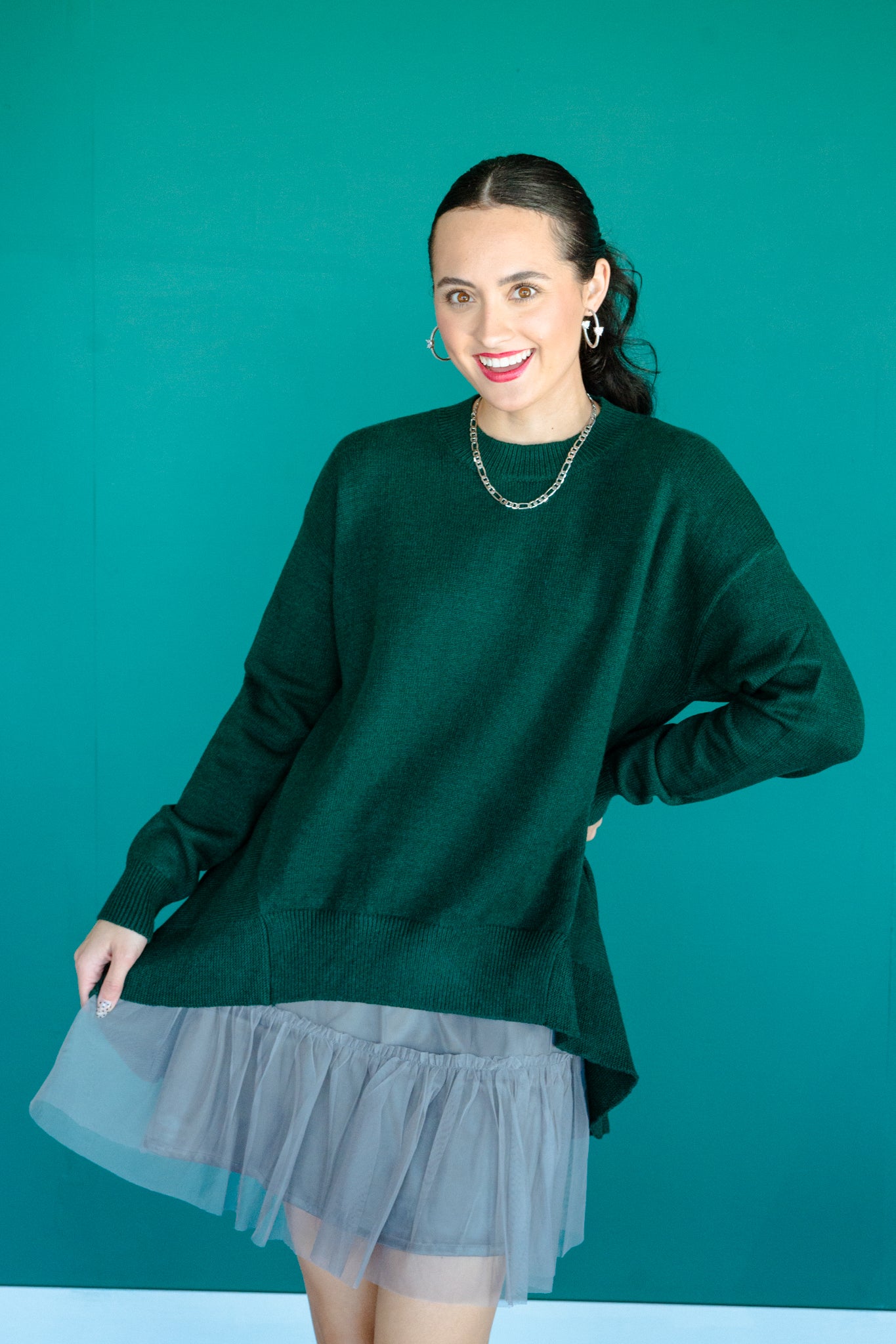 Veta Mock Neck Trapeze Knit Sweater - Pine/Forest Green