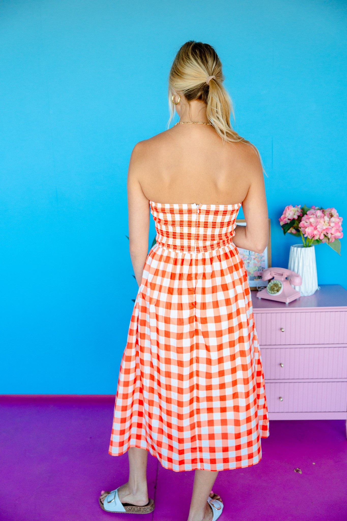 Bridgette Checkered Midi Dress - Bright Orange