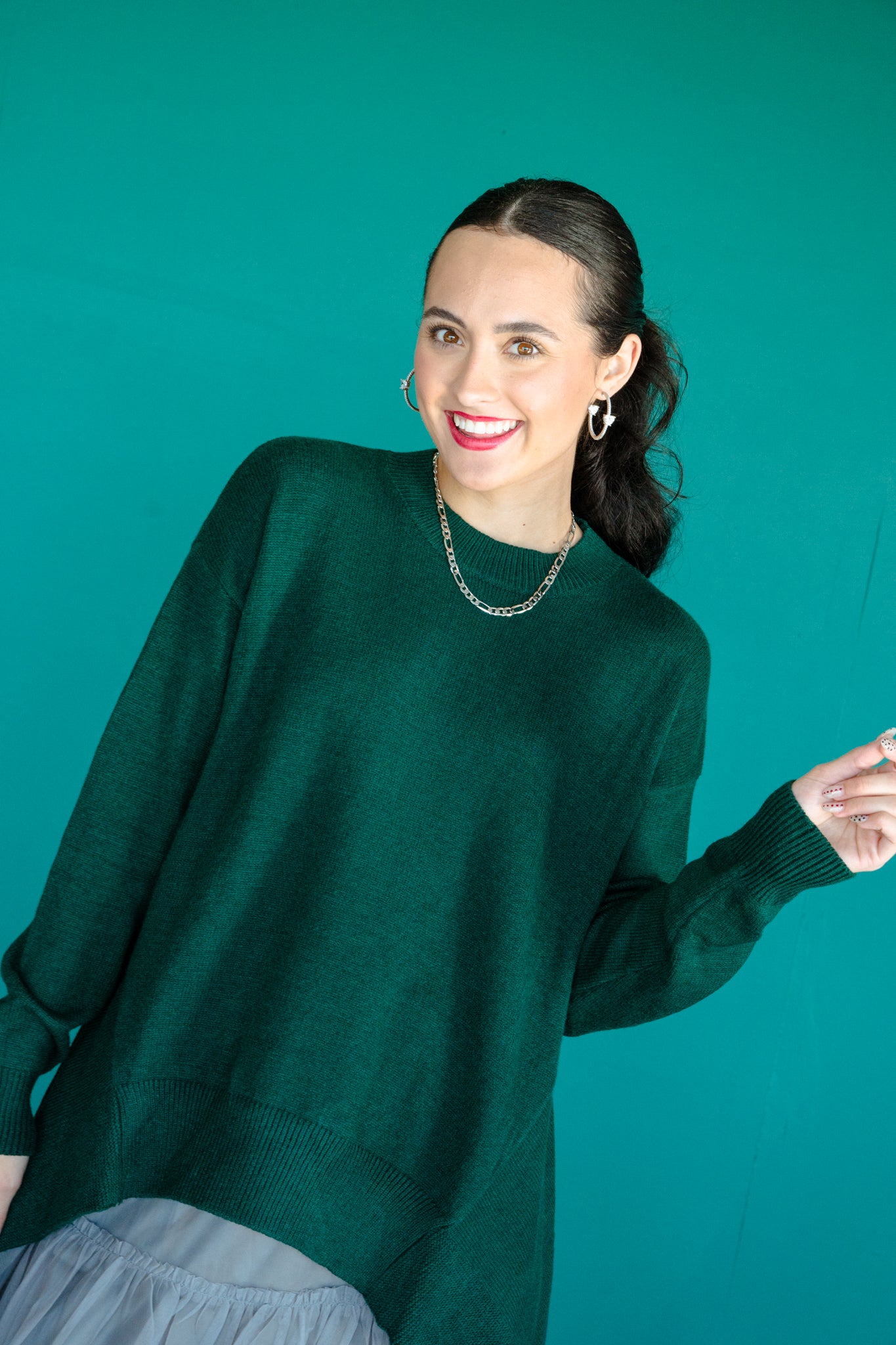 Veta Mock Neck Trapeze Knit Sweater - Pine/Forest Green