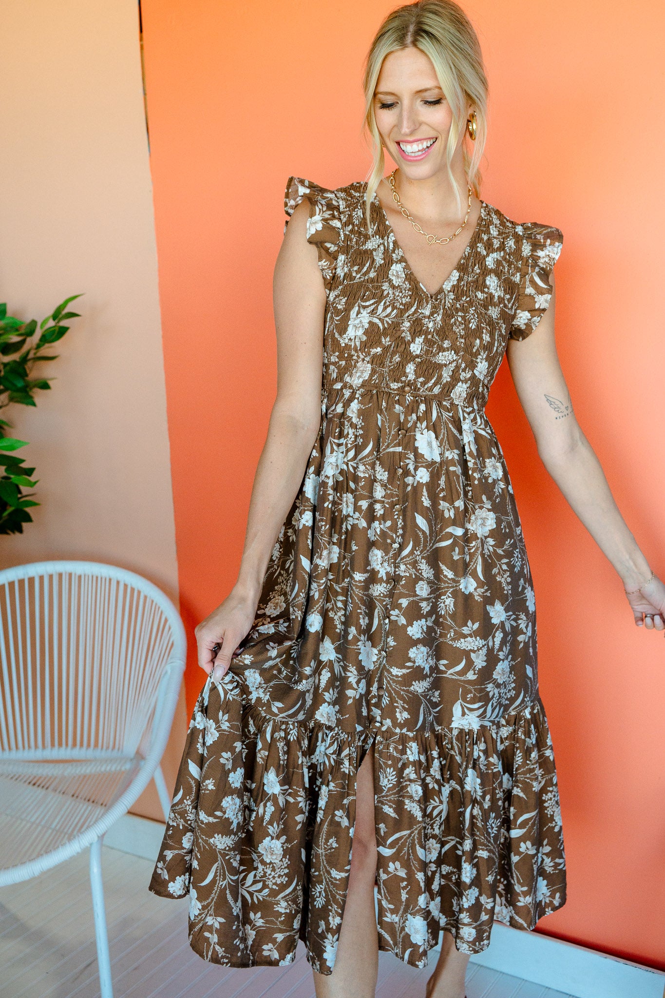 Melinda Smocked Maxi Dress - Bronze + Oyster + Beige