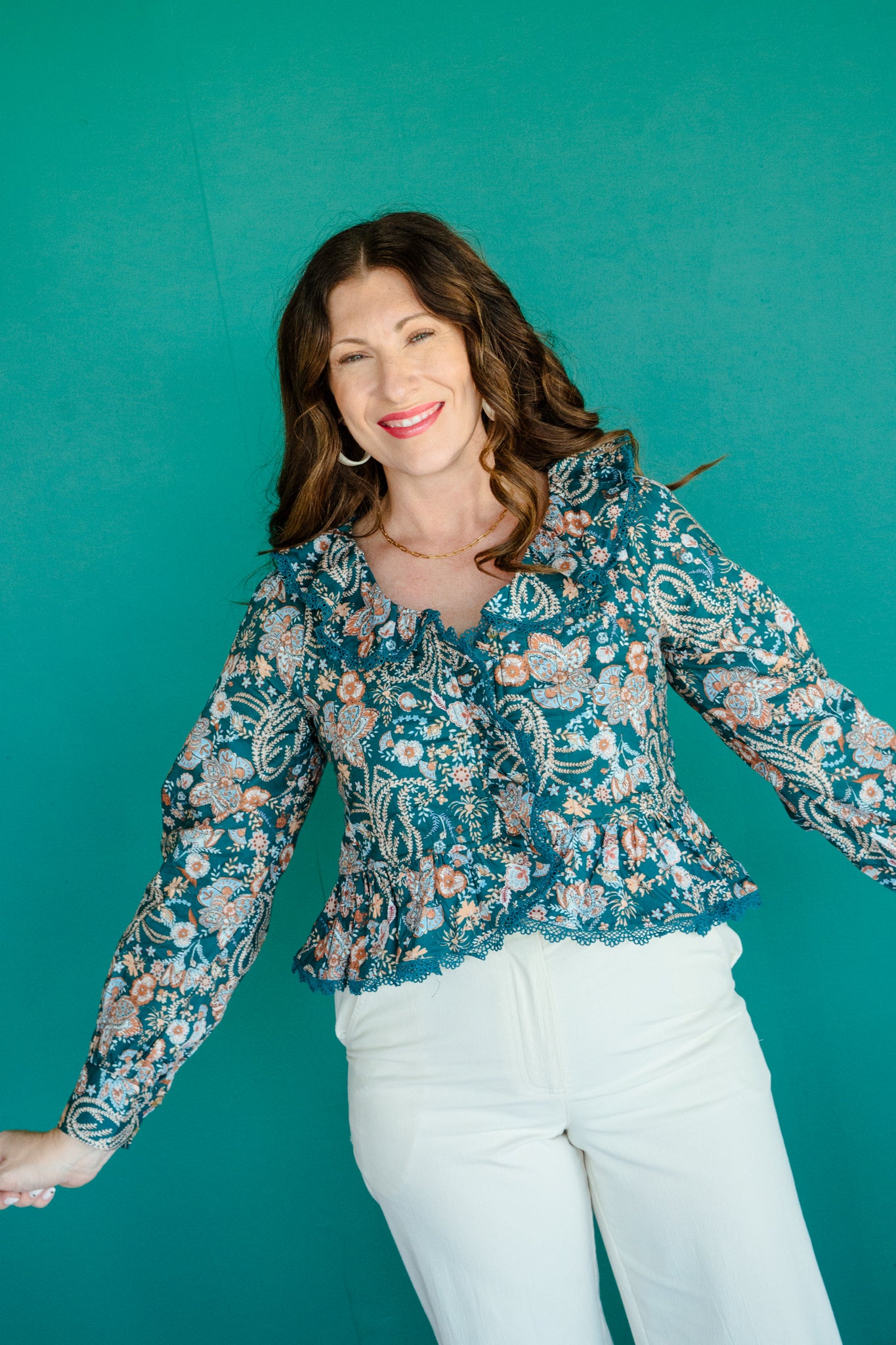 Brianna Ruffle V-Neck Blouse - Kingfisher + Amber