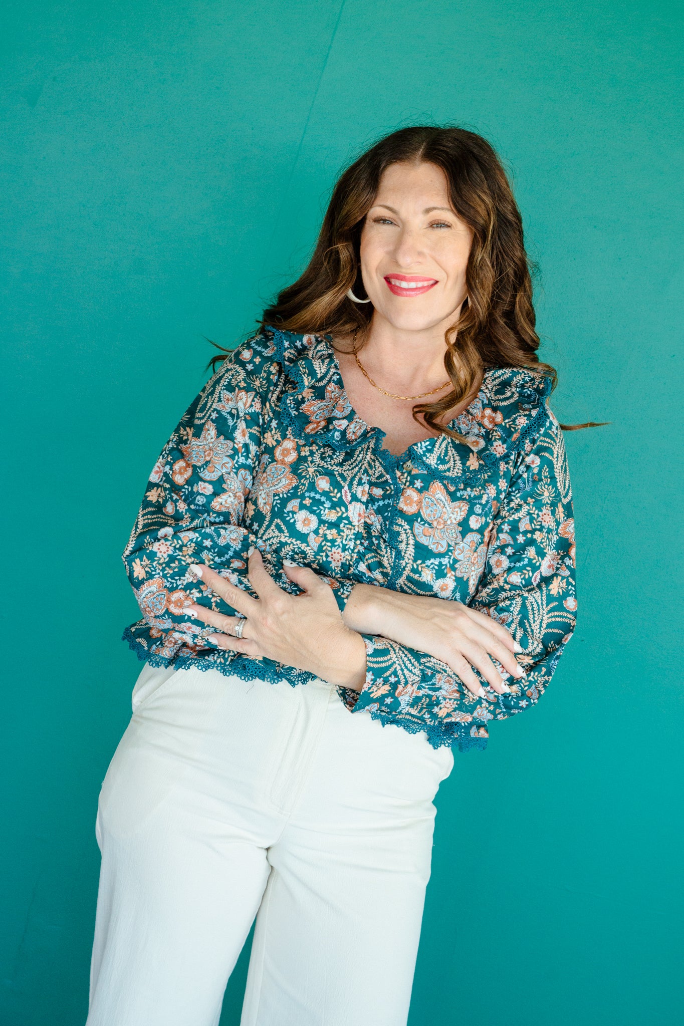 Brianna Ruffle V-Neck Blouse - Kingfisher + Amber