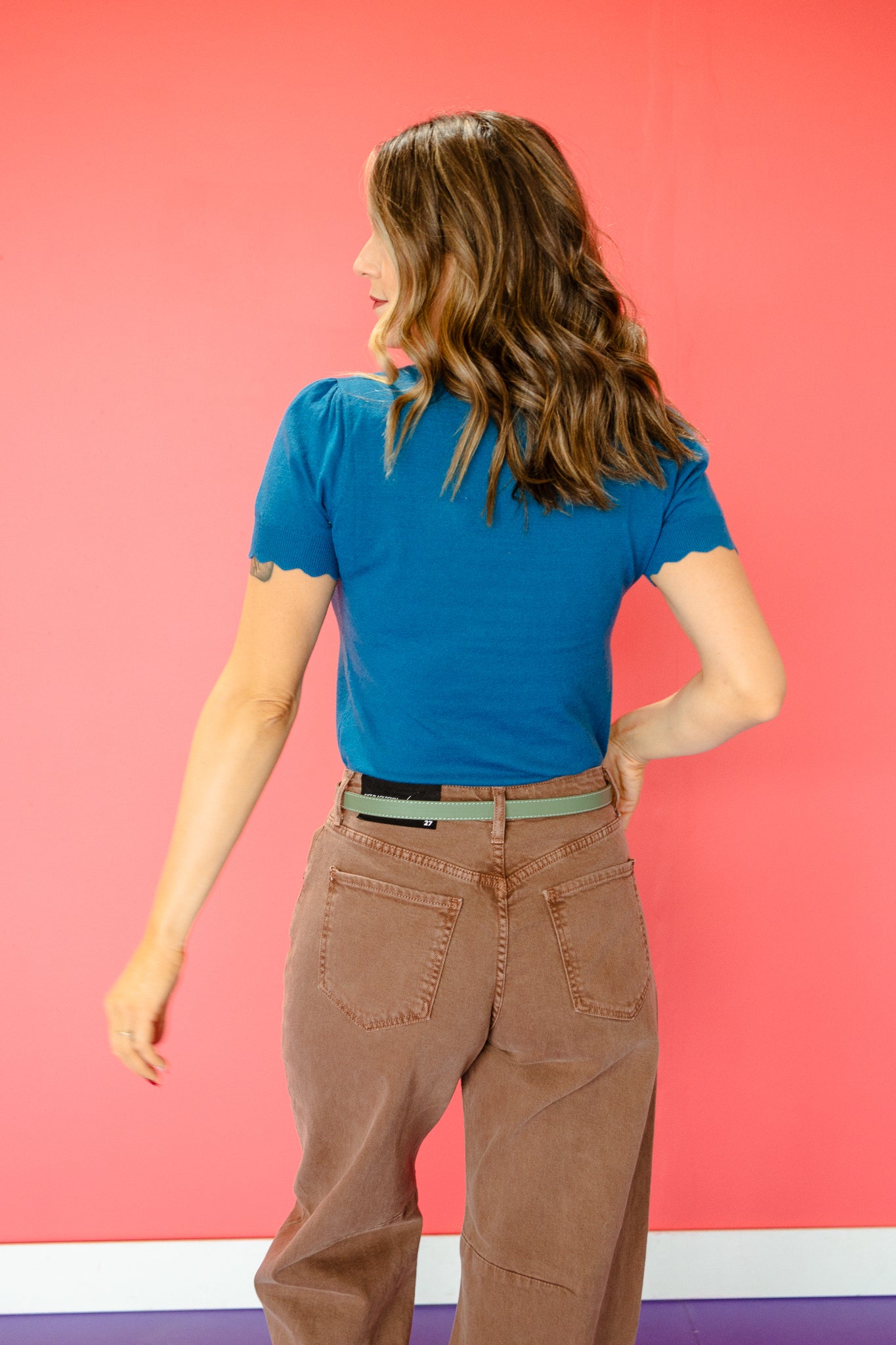 Quinn Scalloped Short Sleeve Sweater - Kingfisher