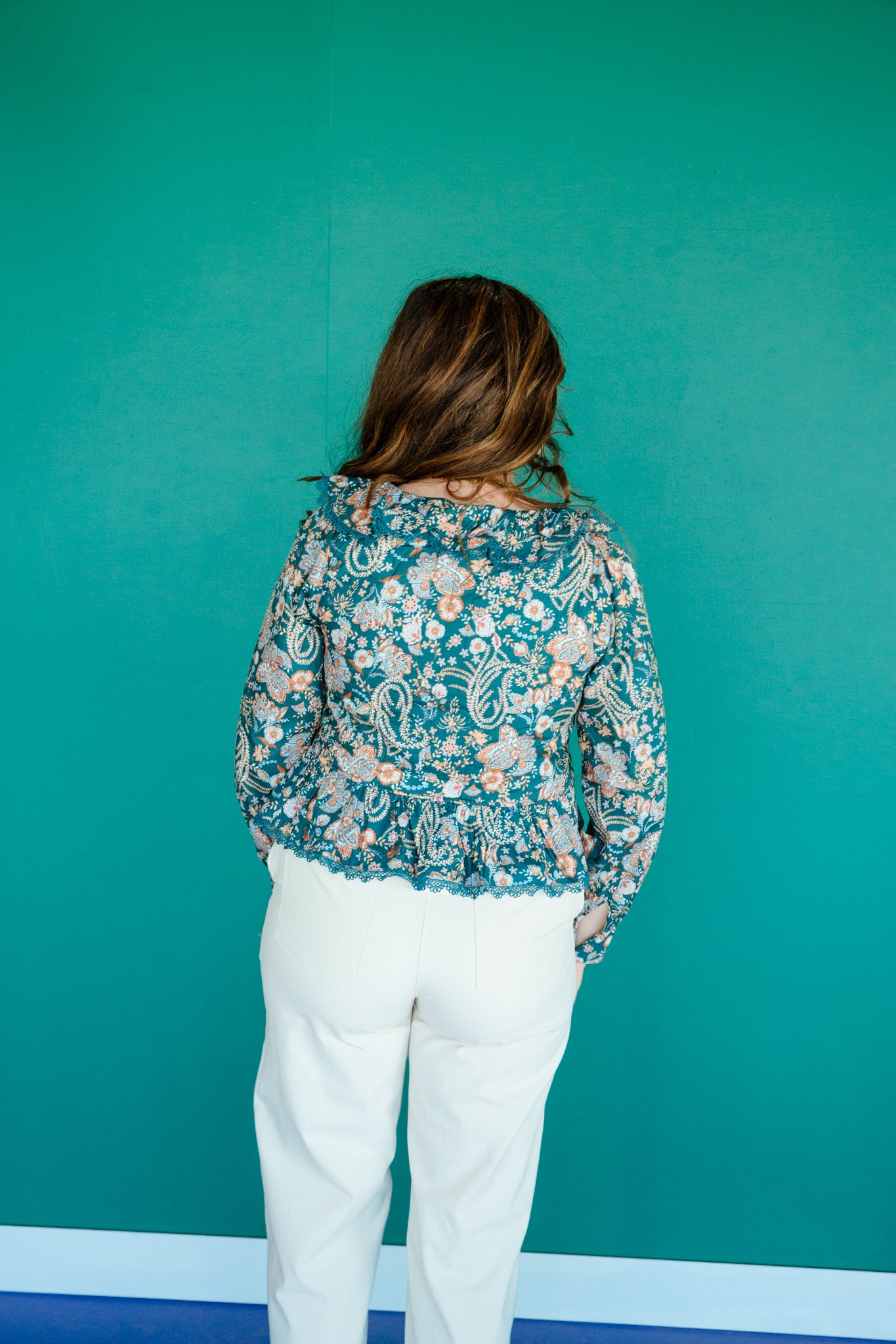 Brianna Ruffle V-Neck Blouse - Kingfisher + Amber