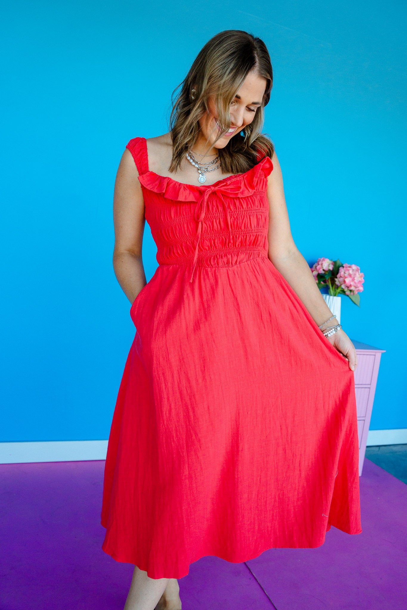 Janelle Ruffle Maxi Dress - Soft Coral Red