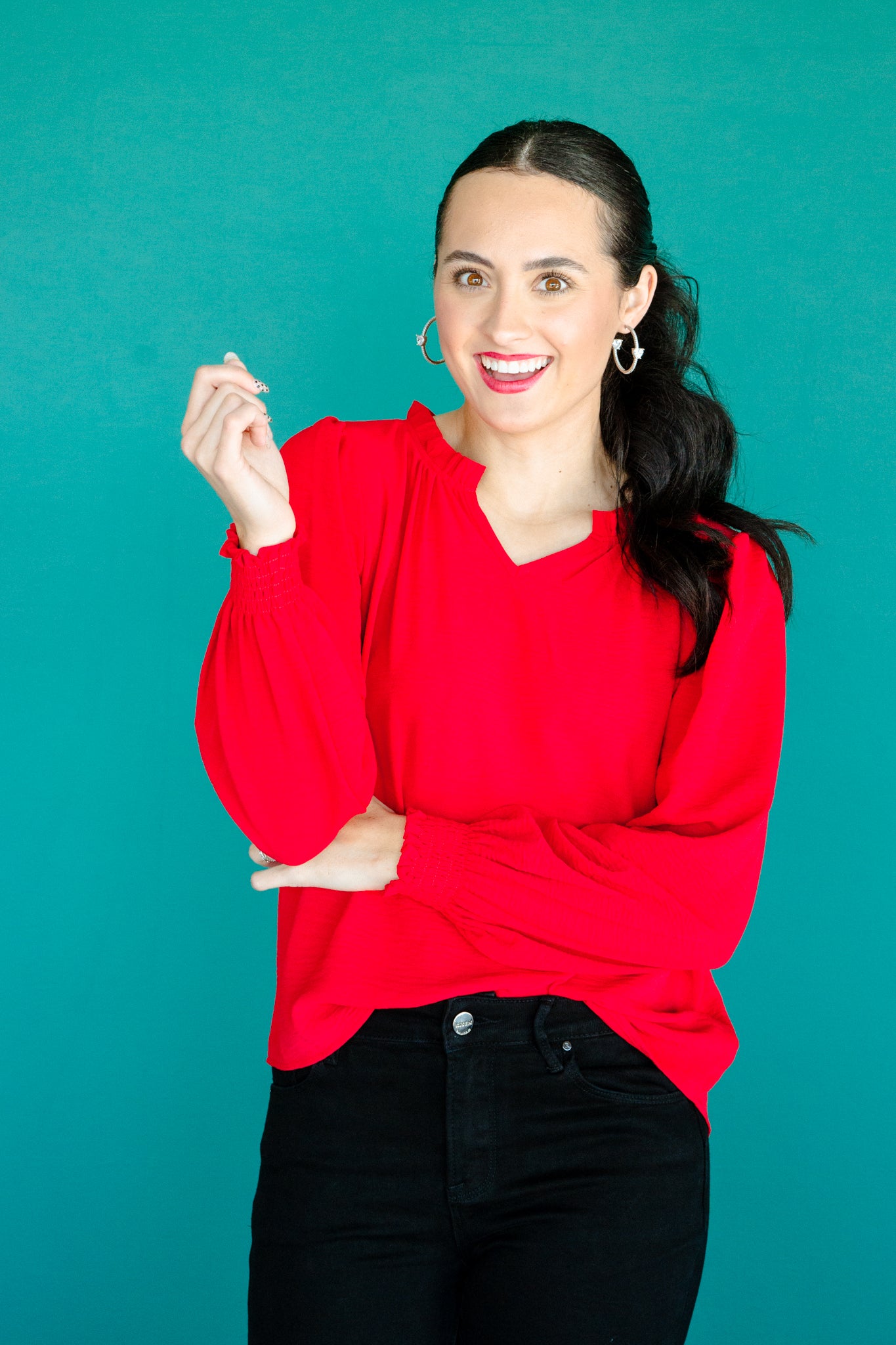 Lanie Textured Ruffle V-Neck Blouse - Cool Red