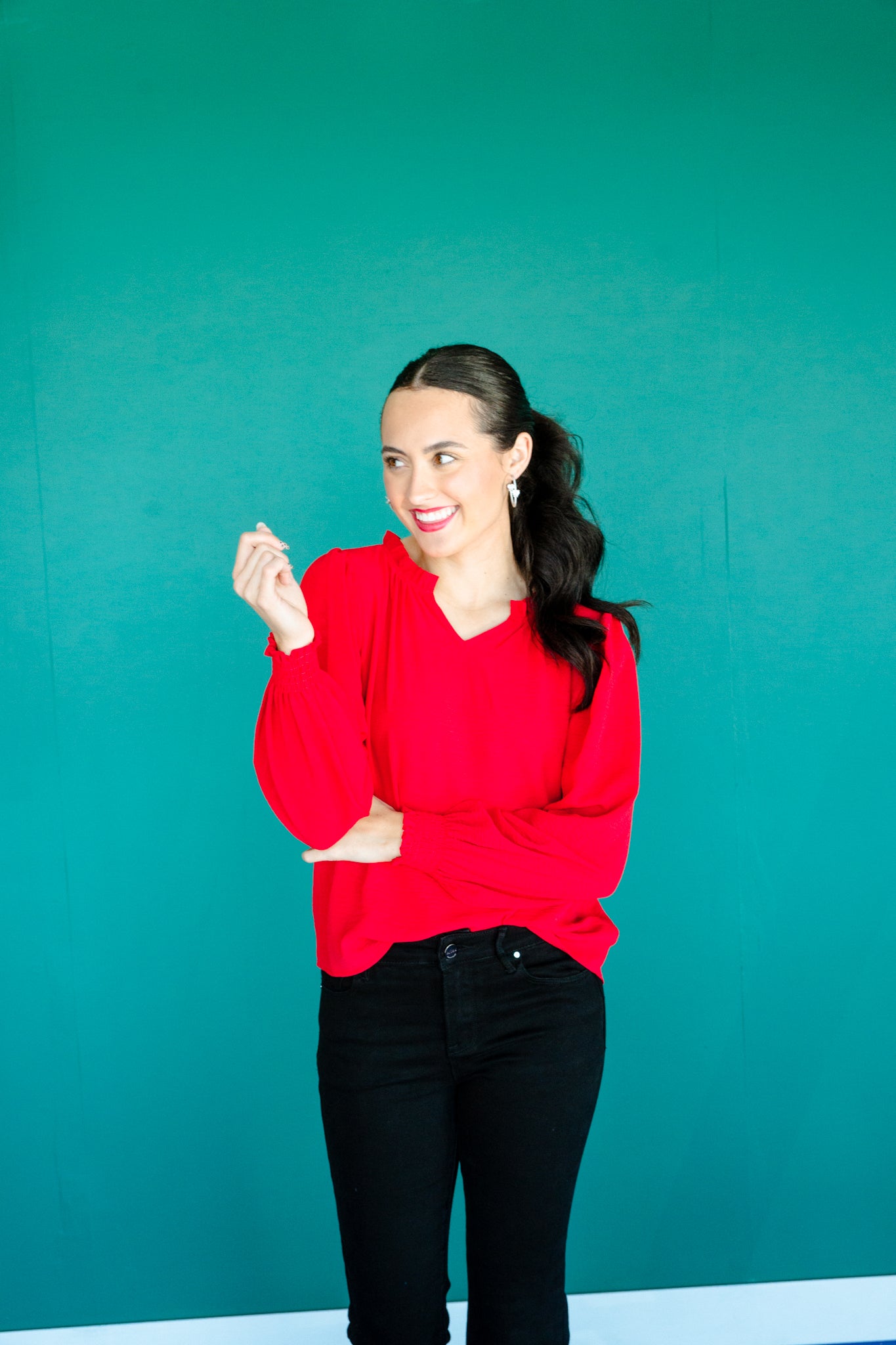 Lanie Textured Ruffle V-Neck Blouse - Cool Red