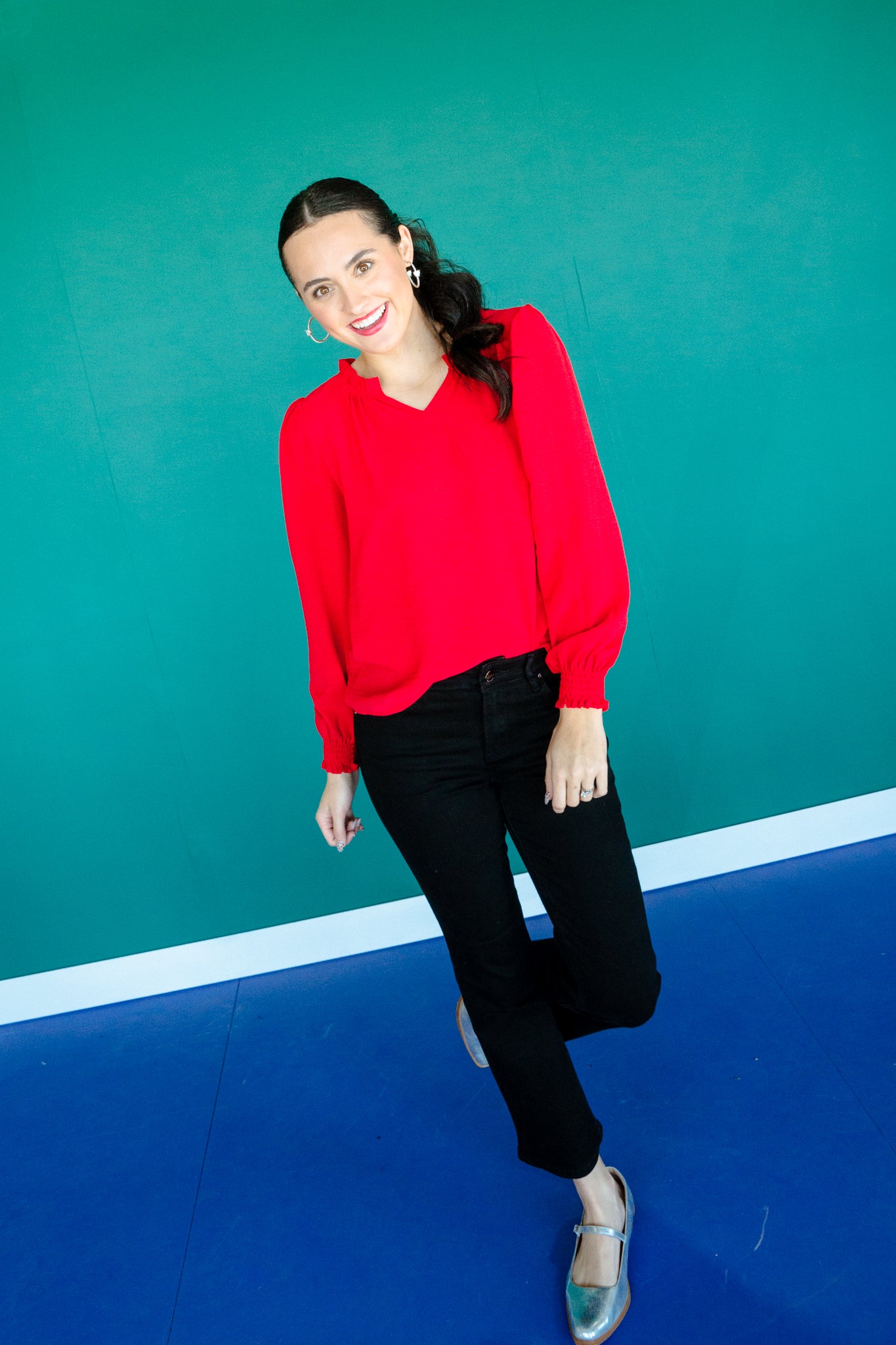 Lanie Textured Ruffle V-Neck Blouse - Cool Red